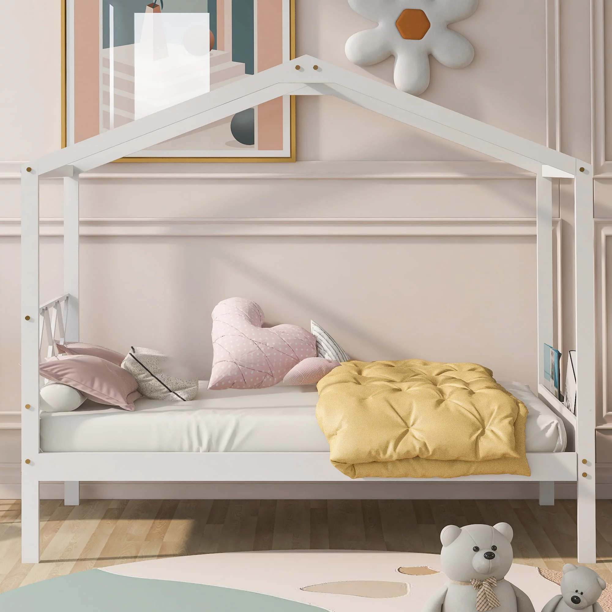 Gewnee Twin Size Kids Wood House Bed with Headboard, Footboard and Storage Space,White
