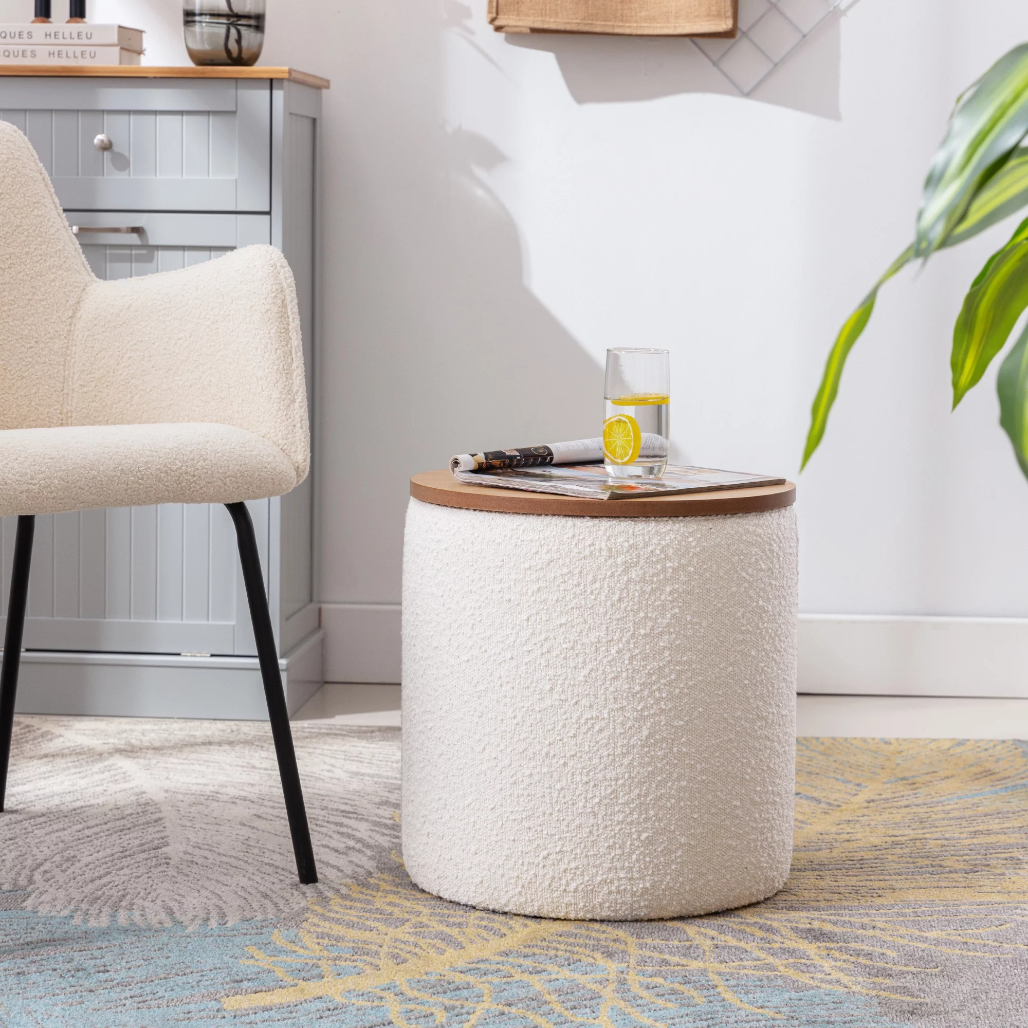 Zesthouse 16'' Wide Upholstered Storage Ottoman with Tray, Boucle Fabric Footrest Stool with Removable Wooden Lid, Small Coffee Table for Living Room, White