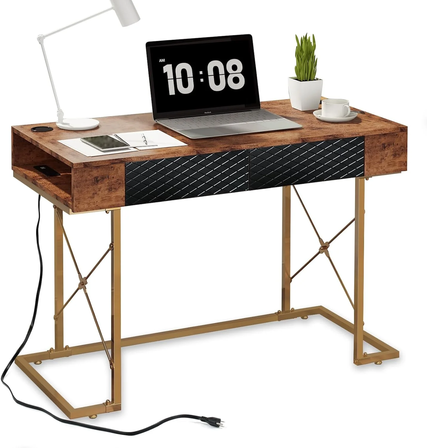 Tropow 47 Inch Home Office Desk with Drawer and Charging Station, Simple Modern Study Desk, Makeup Dresser, Gaming Desk for Home Office, Rustic Brown