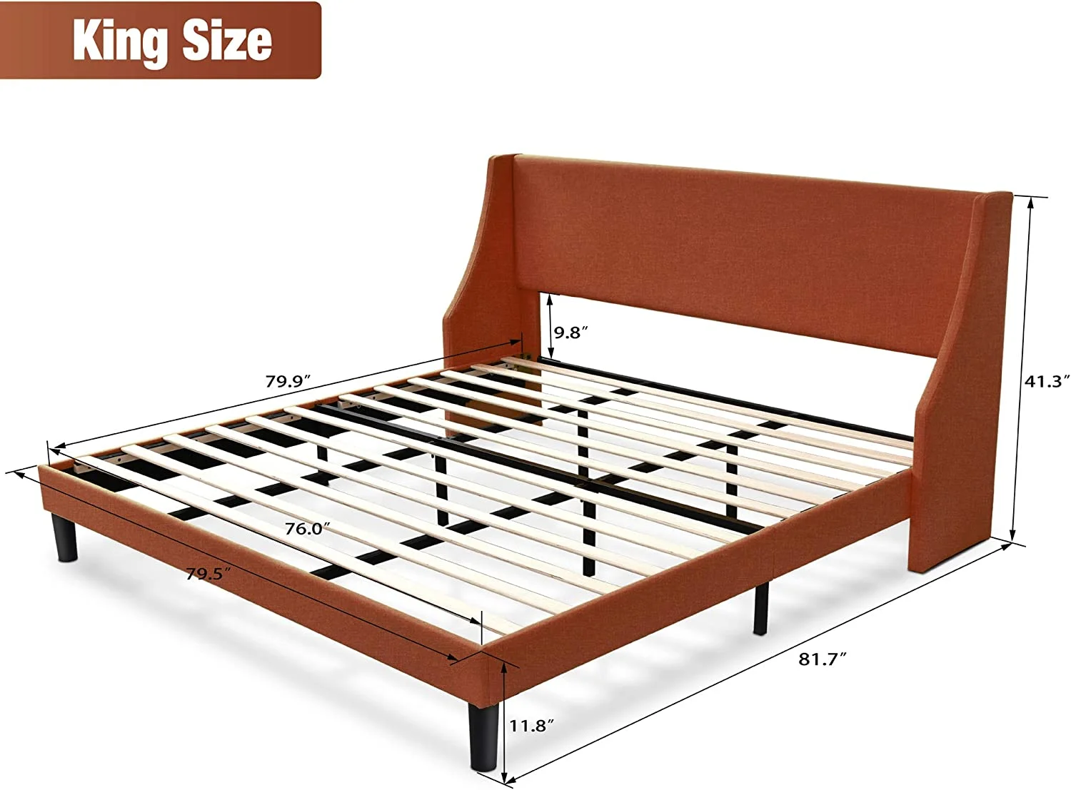 Queen Size Bed Frame  Modern Fabric Upholstered Wingback Platform Bed with Headboard  Strong Wood Slats Support  Mattress Foundation  No Box Spring Needed  Easy Assembly  Burnt Orange