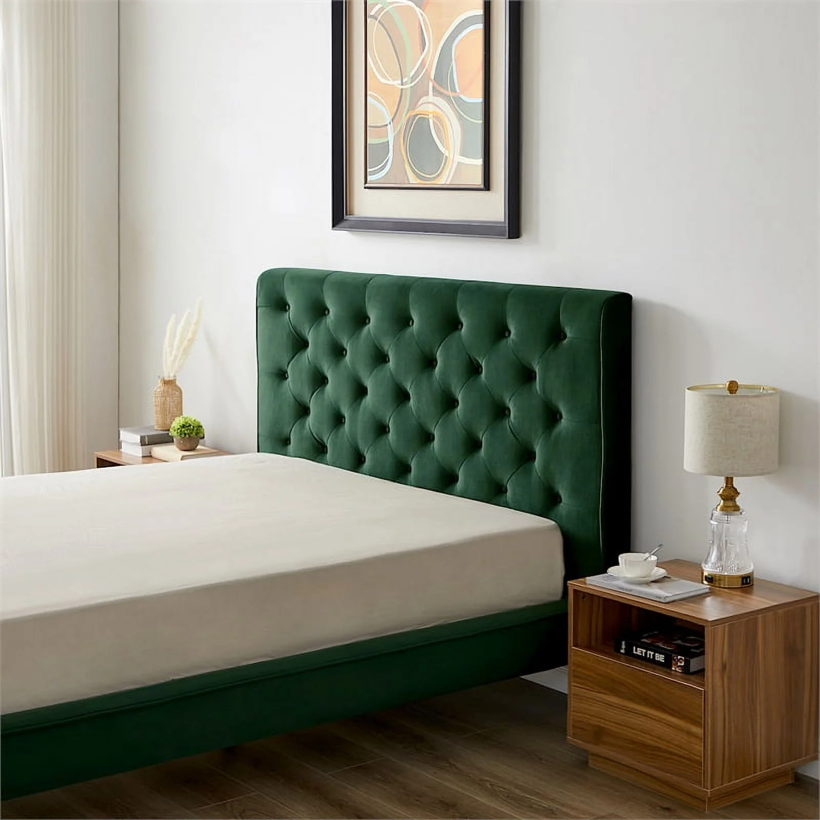 Pemberly Row Mid-Century Velvet Upholstered Platform Bed Queen Size in Green