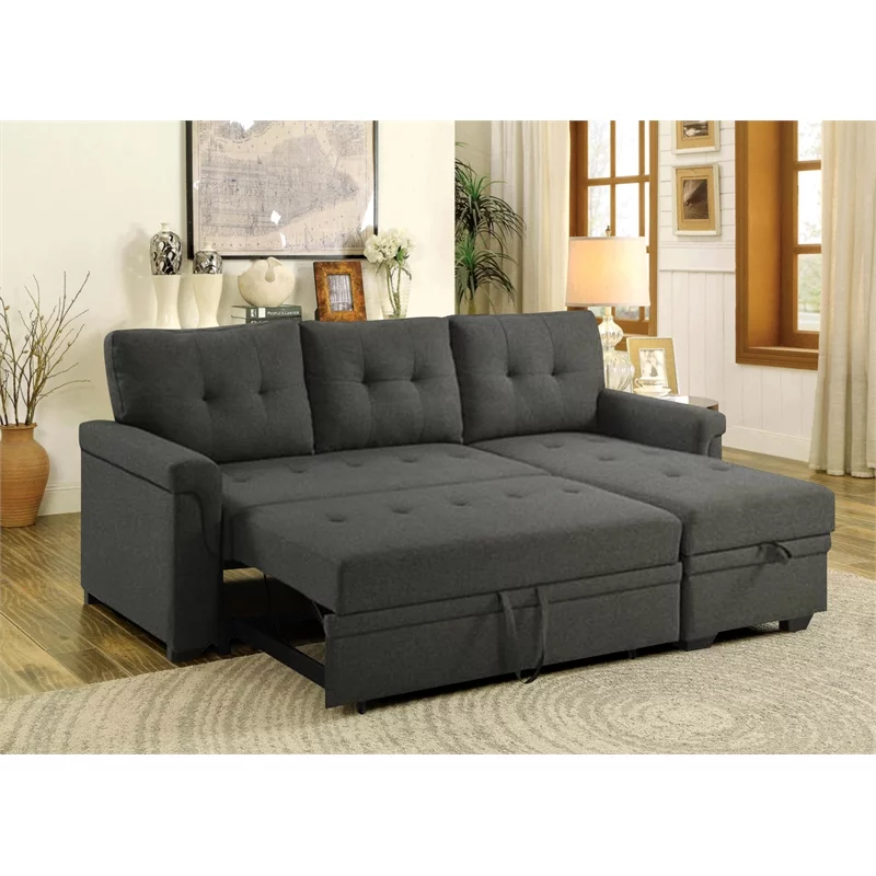 Bowery Hill Fabric Reversible/Sectional Modern Sleeper Sofa with Storage in Gray