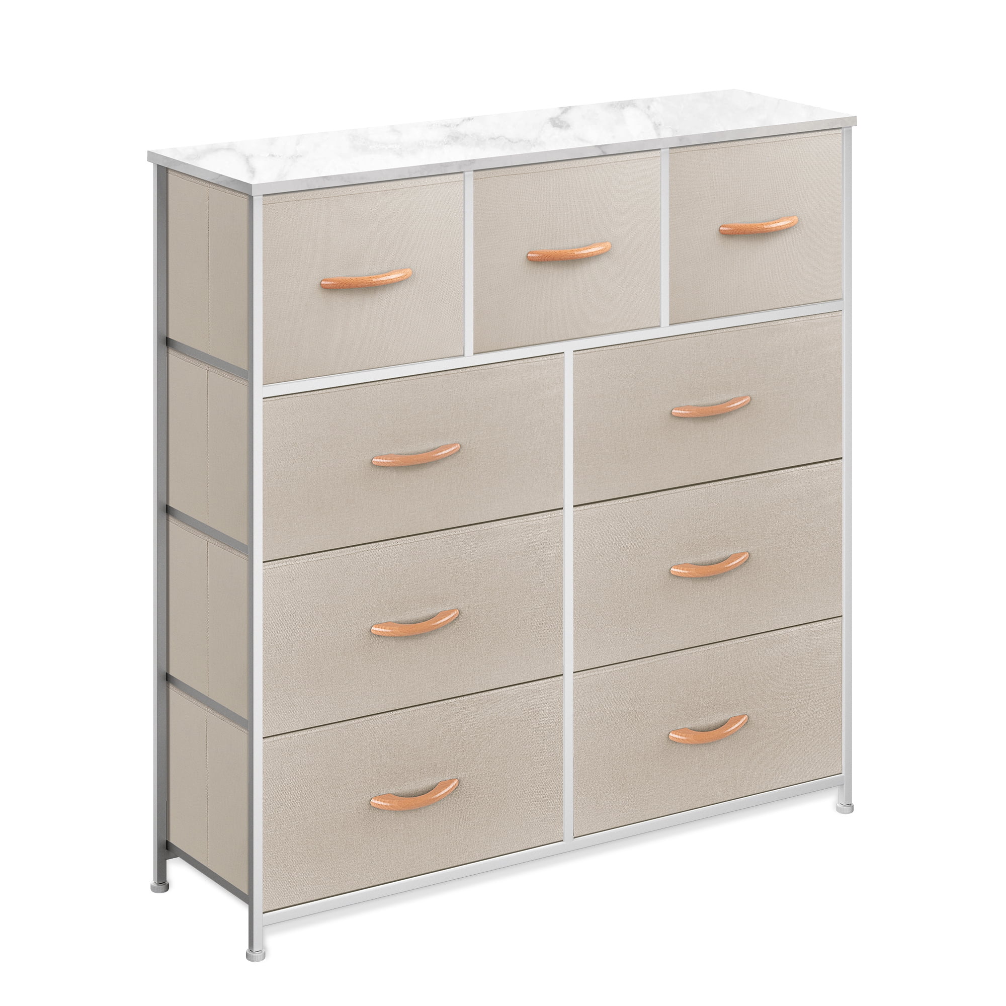Bigroof Dresser for Bedroom, Chest of Drawers, Closet Storage with 9 Drawers, Cloth Dresser Clothes Organizers Tower with Fabric Bins, Metal Frame, Wood Tabletop for Nursery, Kids Room, Living Room