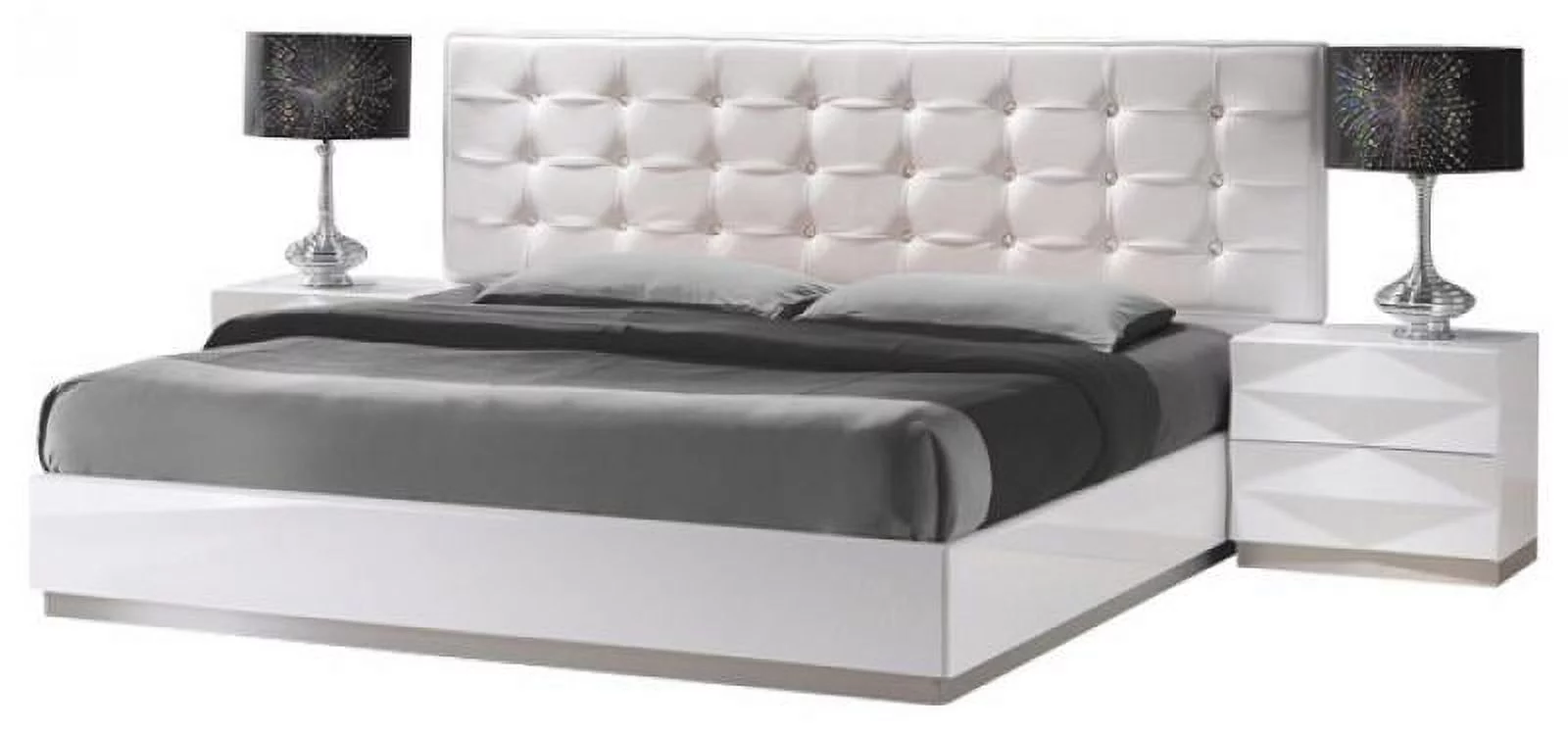 Modern White Lacquer & Premium Leather Queen Size Bedroom Set 3Pcs J&M Verona