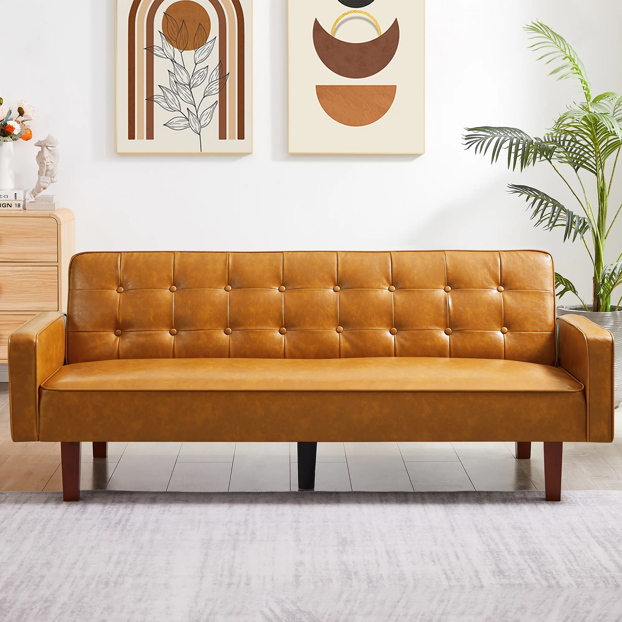 Lemacte Brown Faux Leather Futon Sofa Couch,Button Tufted Convertible Sleeper Sofa Bed for Small Spaces, Living Room, Bedroom