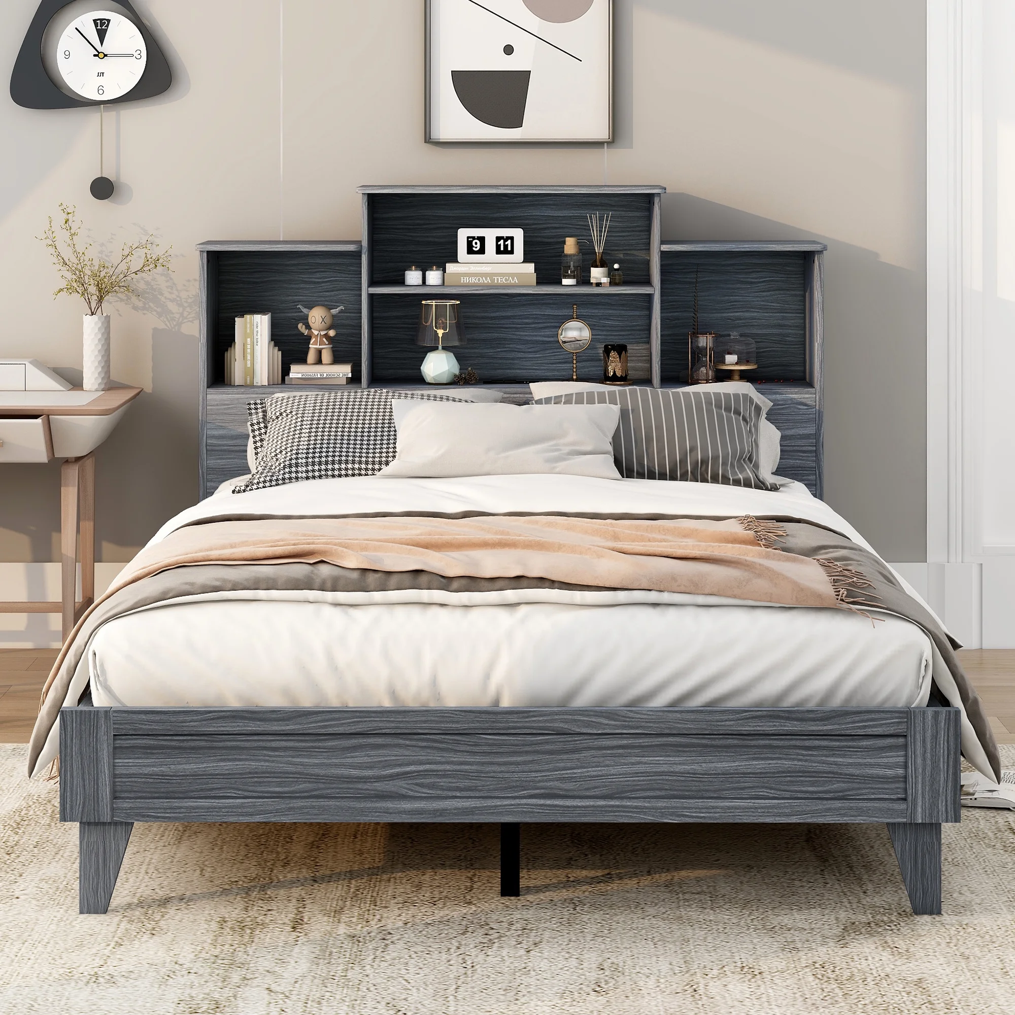 Queen Size Storage Platform Bed Frame with 4 Open Storage Shelves and USB Charging Design,Gray