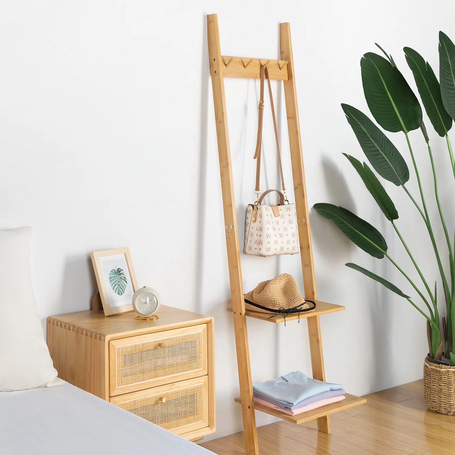 Ladder Shelf 5-Tier Bookshelf –Bamboo Storage Rack Shelves Wall Leaning Shelf, Free Standing Plant Flower Stand