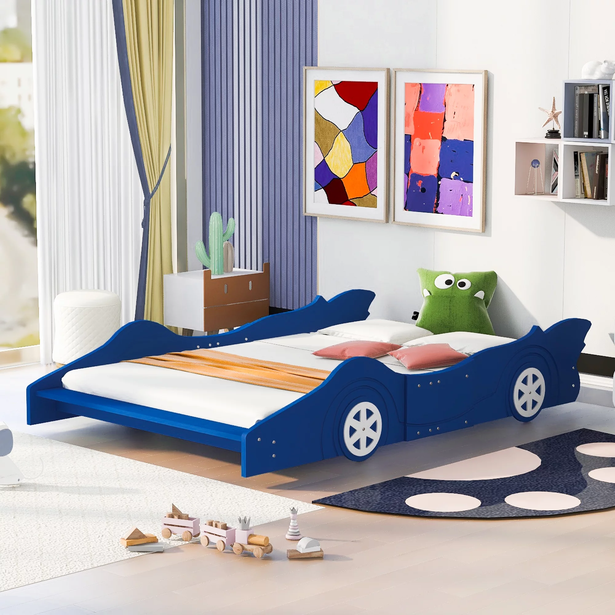 Solid Wood Race Car-Shaped Platform Bed with Wooden Slats, Bed with Wheels, Platform Bed with Headboard and Footboard, No Box Spring Needed (Blue,Full)
