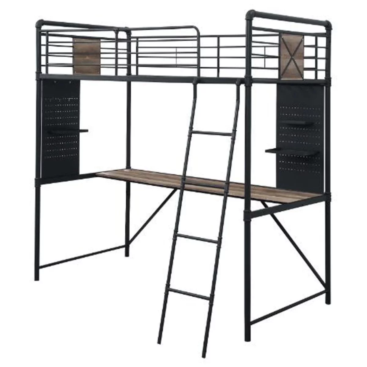 Benjara Twin Loft Bed with Metal Angled Ladder and Desk, Bronze