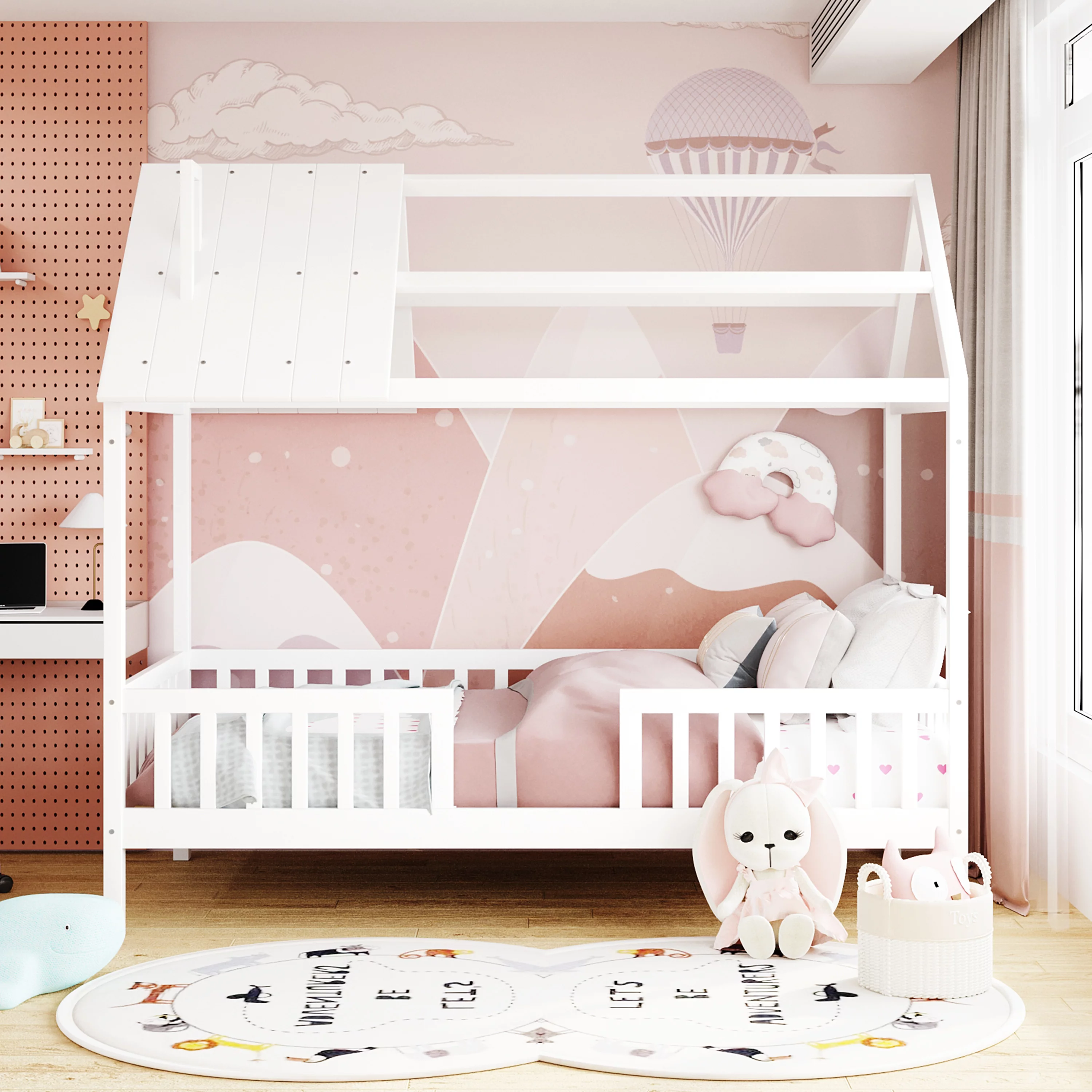 Wooden Tent Bed with Roof and Chimney Design for Toddlers, Twin Size House Beds with Fence for Kids, Wood Loft Bed Frame Bedroom Furniture for Girls Boys(White)