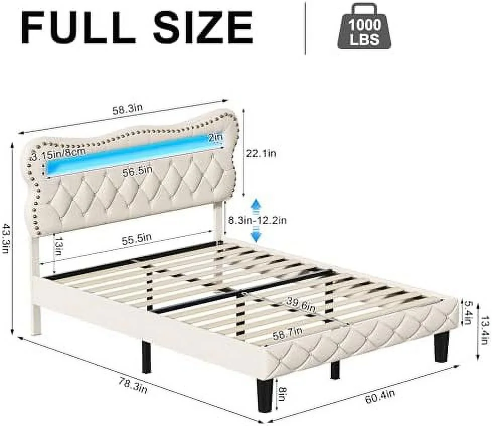 HOOMHIBIU Queen Bed Frame with LED Lights  Upholstered Platform Bed Frame with Adjustable Headboard  8" Under-Bed Space  Sturdy Wooden Slats  Noise-Free  No Box Spring Needed (Beige)