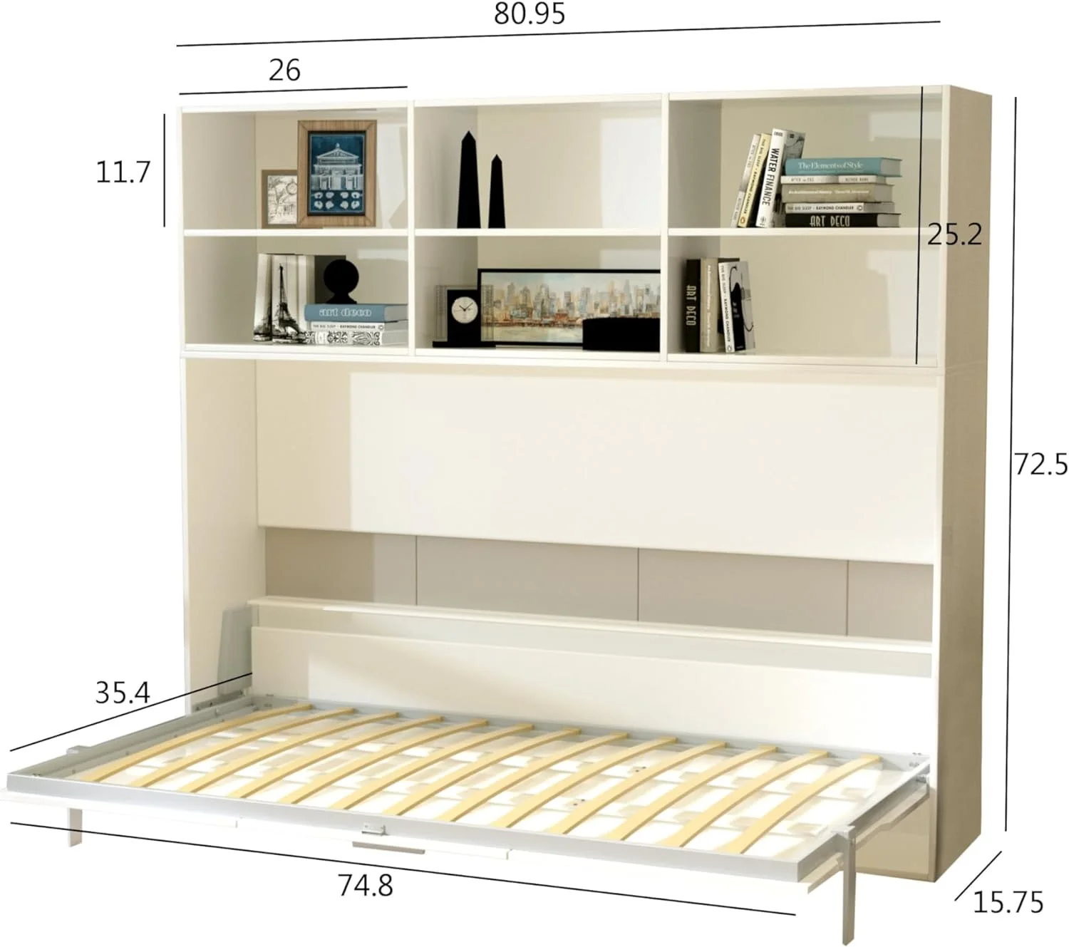 Size Murphy Bed With Ope Storage Shelves, Moder Full Size Foldig Bed Frame, Space Savig Wall Bed Gas Struts For Bedroom, Guestroom, White