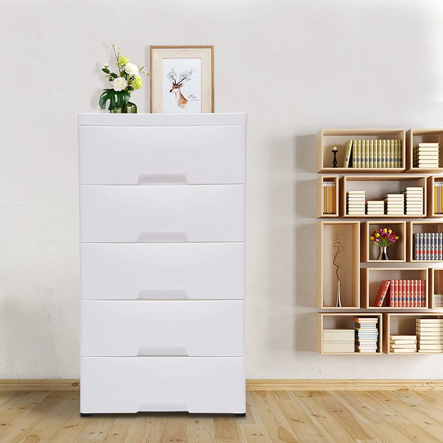 Miumaeov 5 Drawers Plastic Storage Cabinet, Closet Drawers Tall Dresser Organizer for Clothes, Playroom, Bedroom, Stackable Vertical Clothes Storage Tower (White)