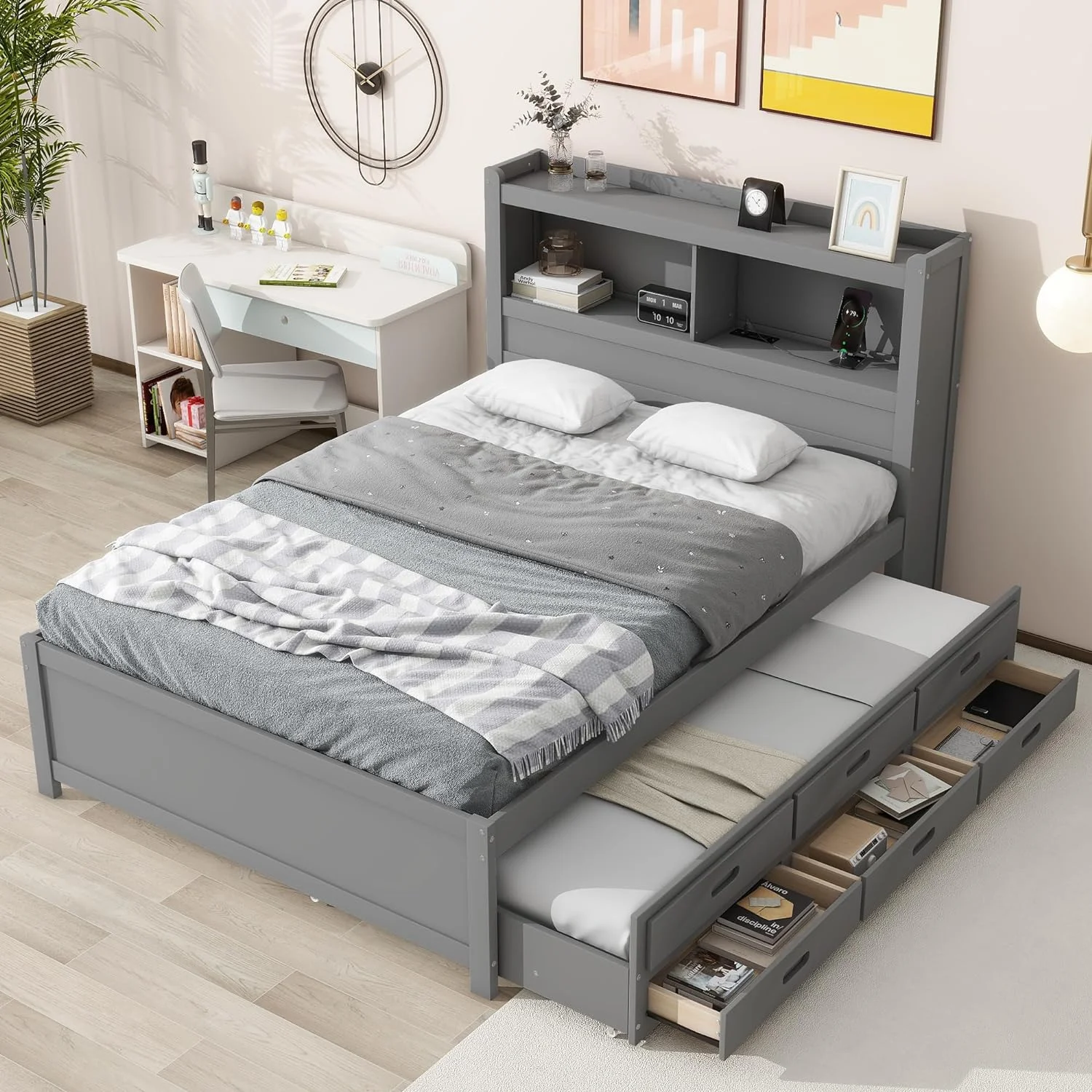 Full Plaform Bed Wih Size rudle,Bookcase Headboard,Chargig Saio Ad 3 Drawers,Wood Full Sorage Bed Frame For Kids,ees,Aduls,o Box Sprig eeded (Grey)
