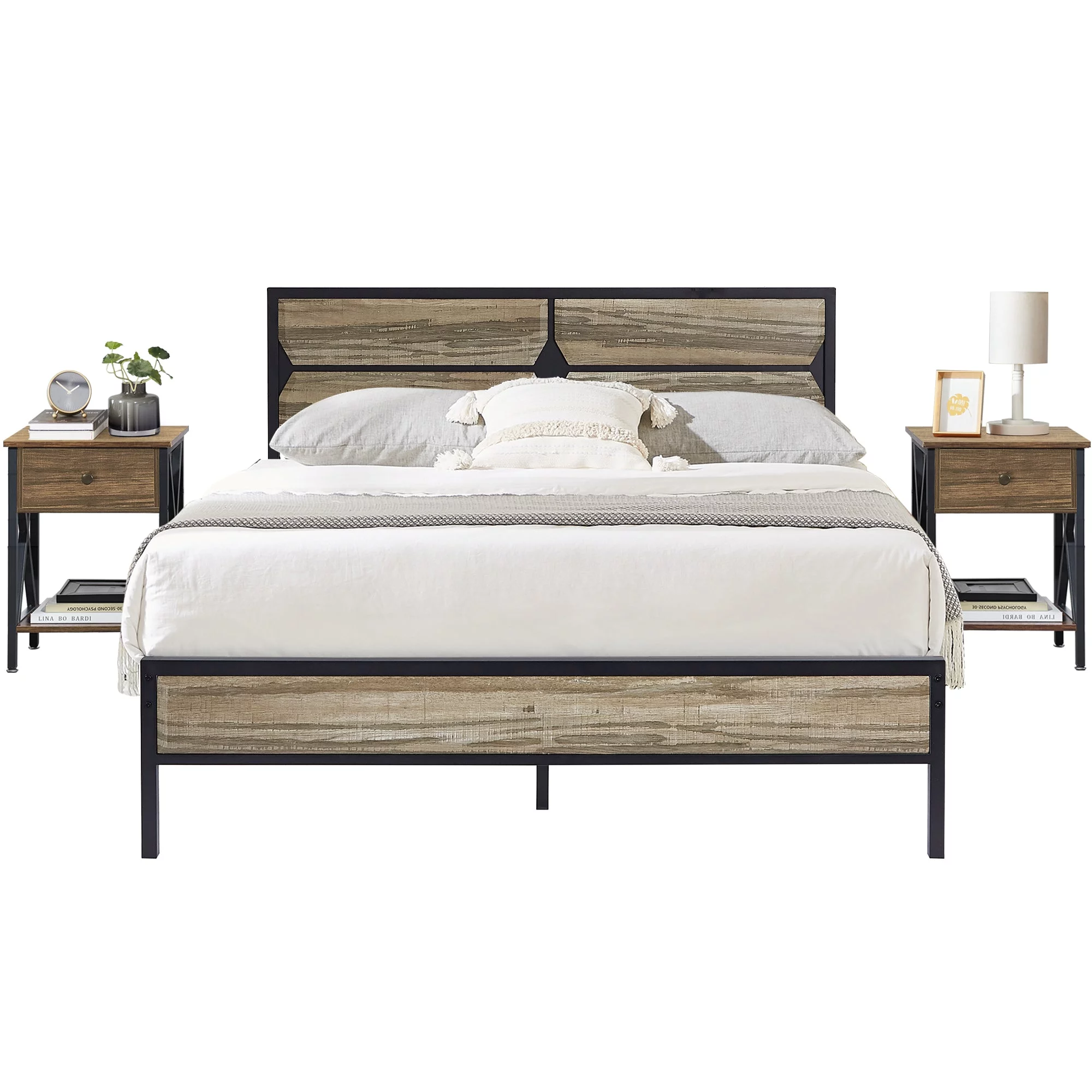 VECELO 3-Piece Bedroom Sets, Queen Size Wooden Platform Bed with 2 Nightstands, No Box Spring Needed, Slate