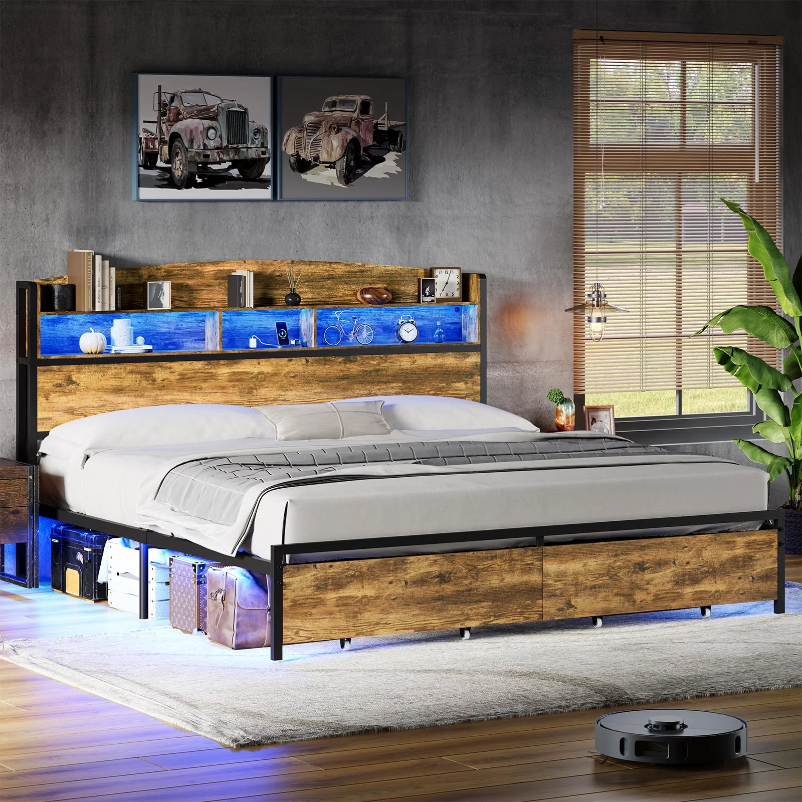 King Size Metal Platform Bed Frame with RGB Light Headboard and Charging Station, LED Bed Frame with 2 Storage Drawers, No Box-Spring Needed, Rustic Brown
