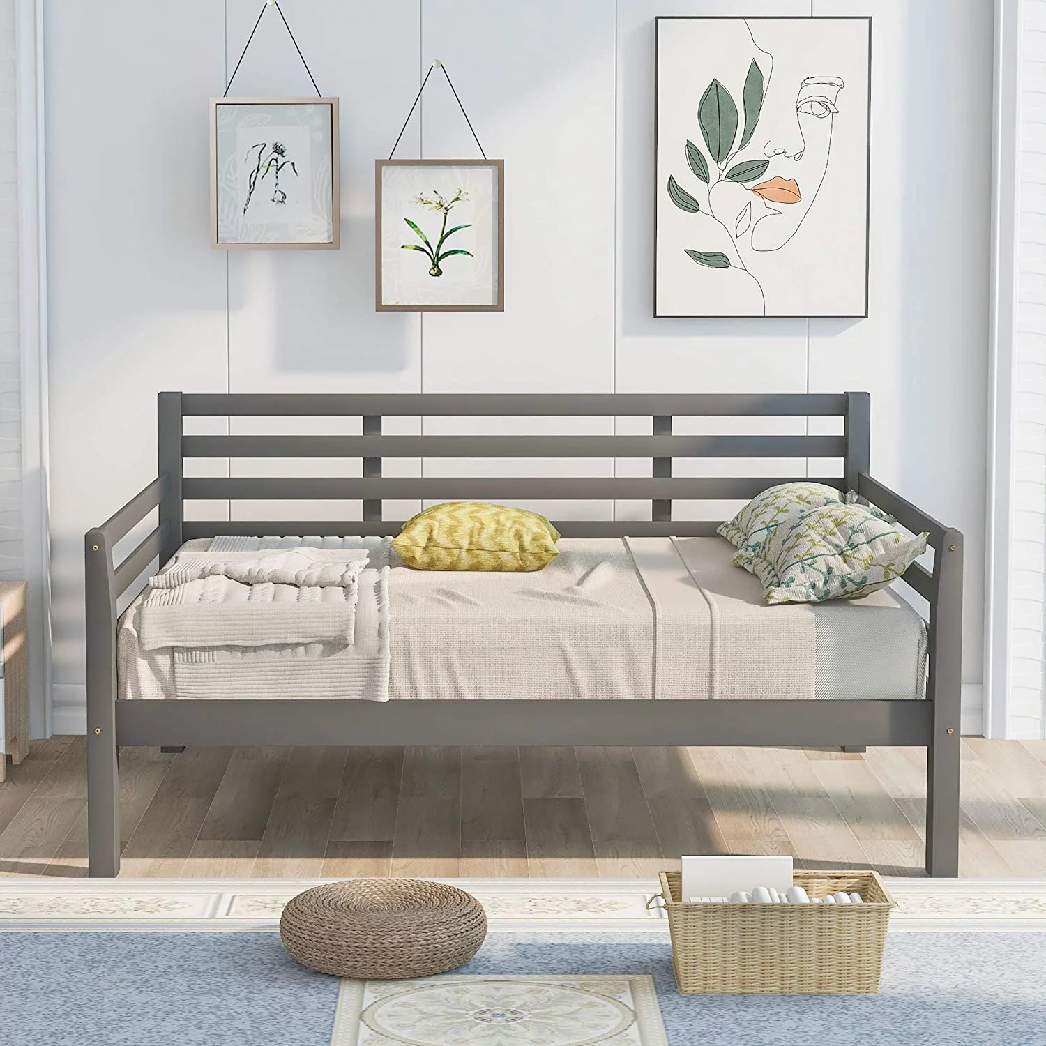 Gray Full Size Daybed Frame, Wood Full Day Bed Wih Wood Sla Suppor, Full Bed Frame, Full Size Sofa Bed For Bedroom, Livig Room, o Box Sprig eeded, (Full, Gray)