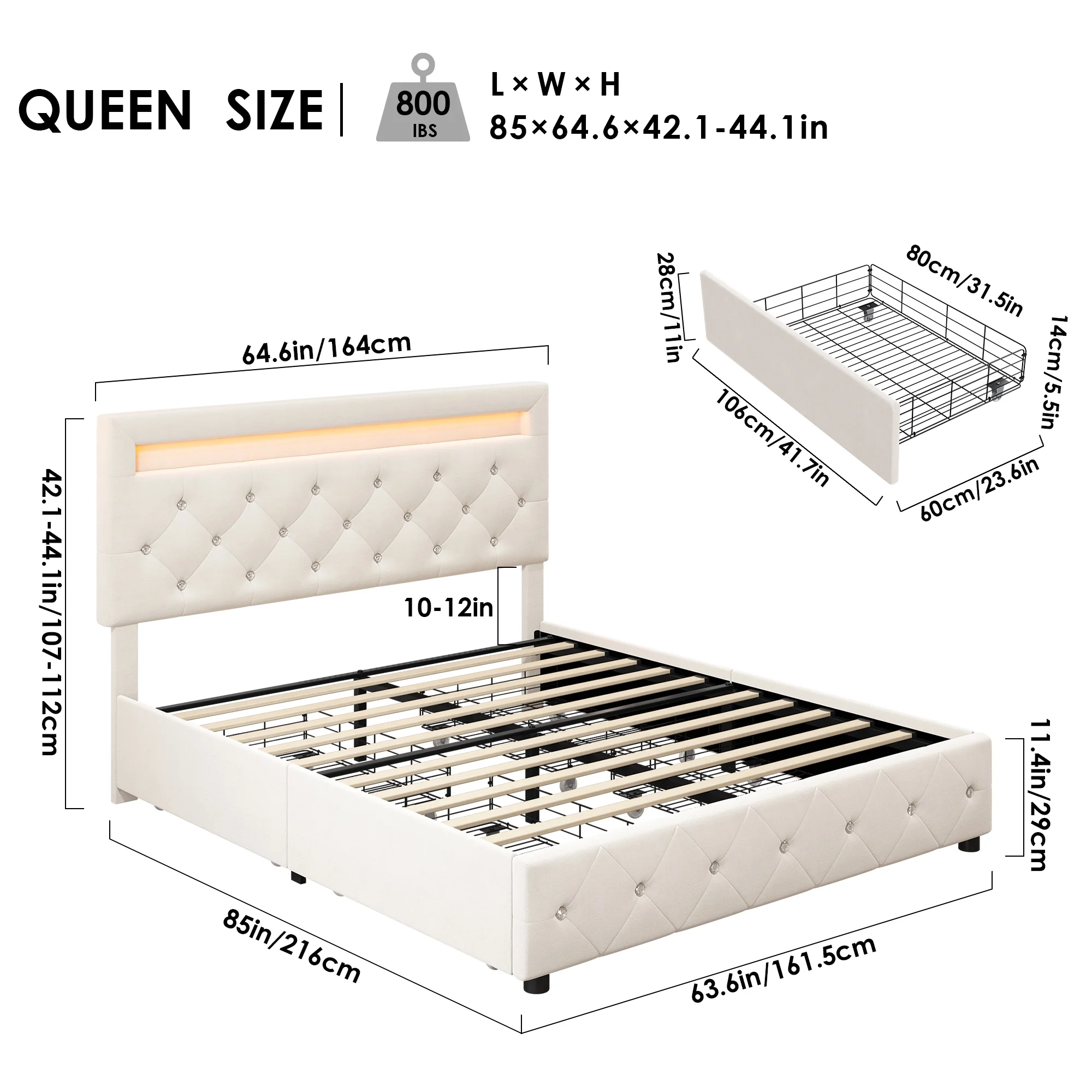 Homfa Queen LED Bed Frame with 4 Storage Drawer, Upholstered Platform Bed with Adjustable Crystal Button Tufted Headboard, Beige