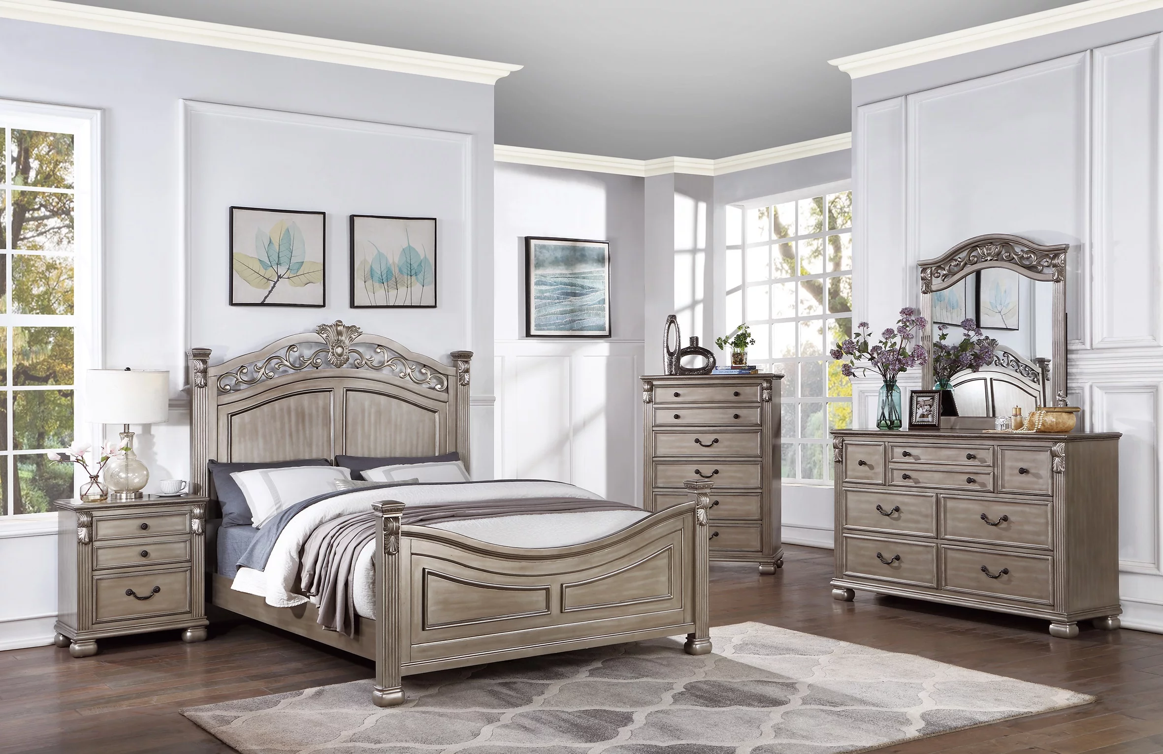 Classic Traditonal Queen Bed Dresser Mirror Nightstand Wooden Grey Finish 4pc Set Bedroom Furniture