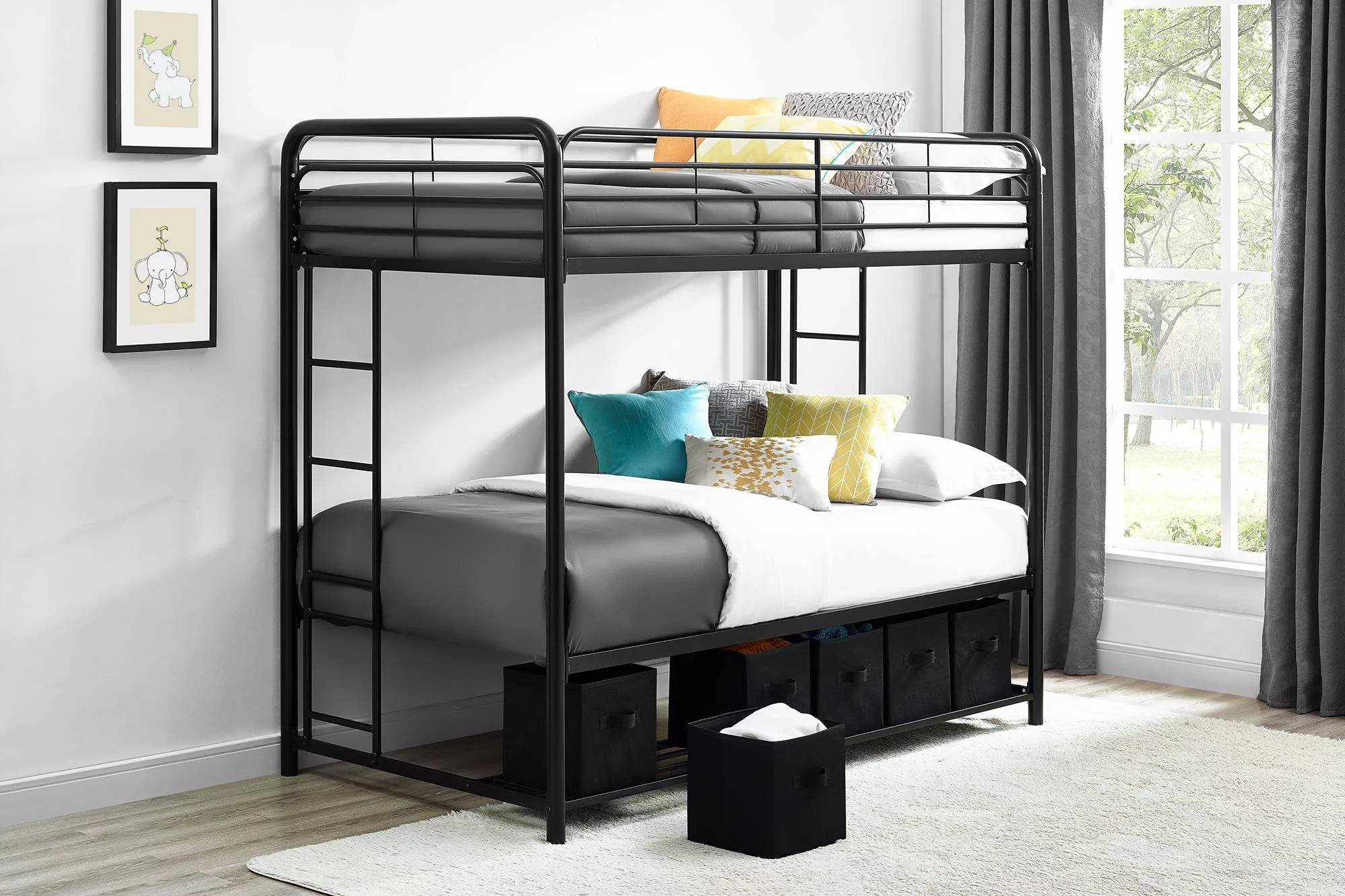 Mainstays Twin over Twin Metal Bunk Bed with Storage Bins, Black