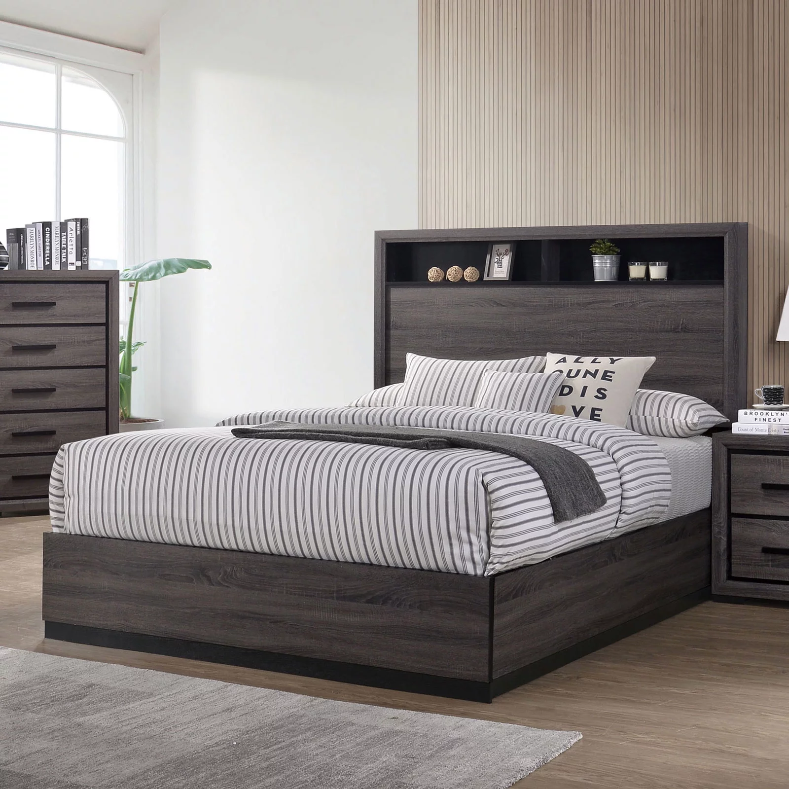 1-pc Bedroom Paper Veneer Grey Queen Size Bed w Shelf HB Furniture Contemporary Two-Tone Design