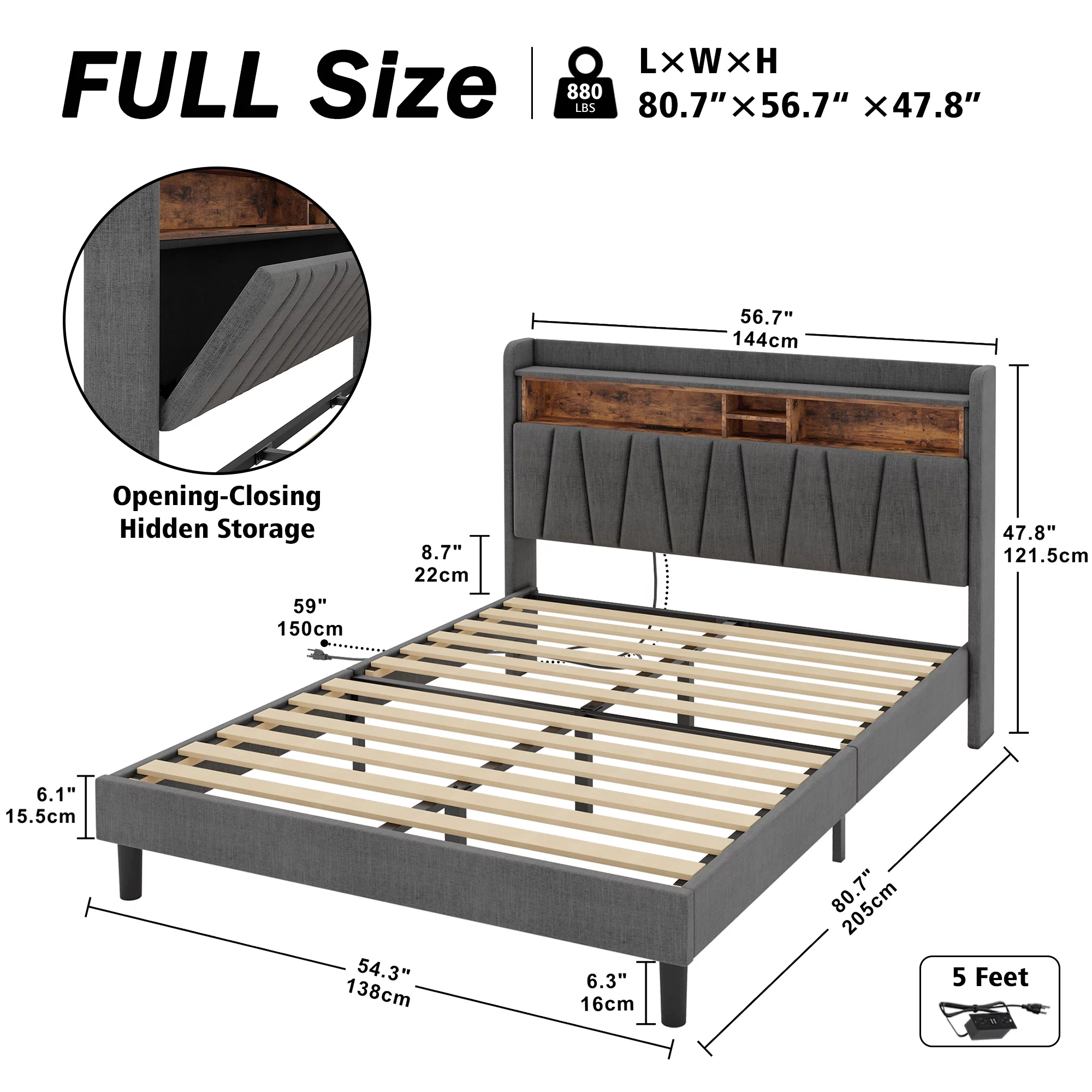 ANCTOR Full Bed Frame with Charging Station, Full Size Bed Frame withb Storage Headboard, Modern Upholstered Platform Bed with Shelf Headboard,No Box Spring Needed, Easy Assembly, Noise Free
