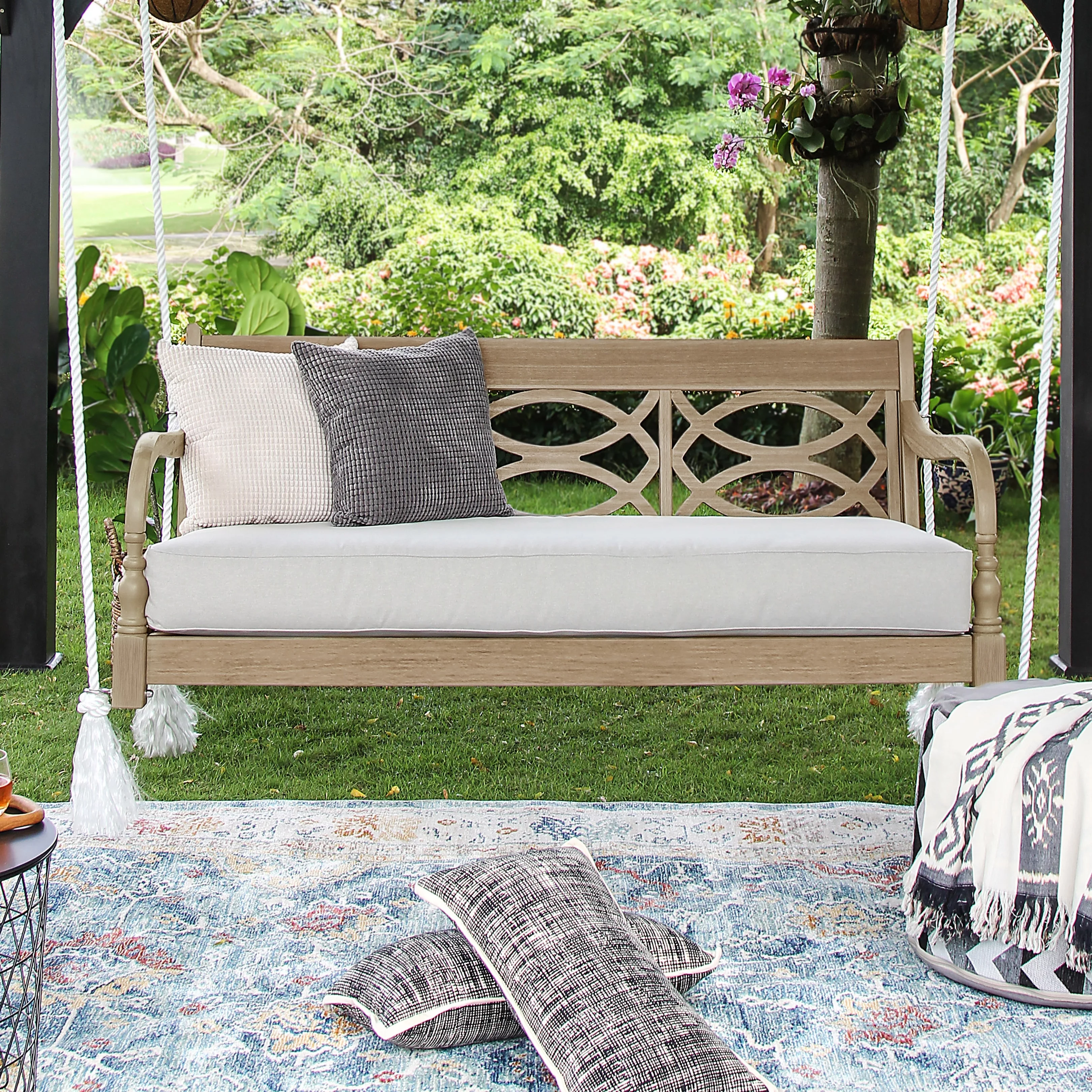 Cambridge Casual Renley Wood Outdoor Swing Daybed with Cushion Lime Wash/Oyster Cushion