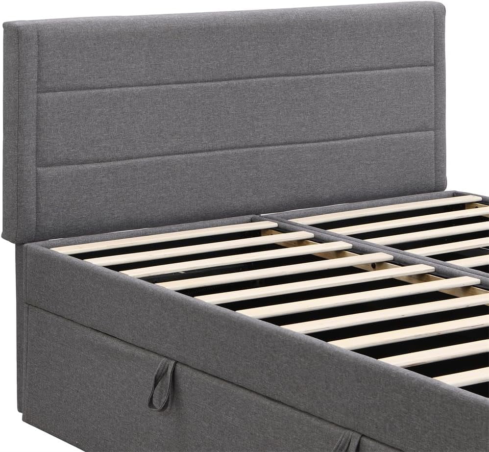 Upholstered Platform Bed Queen Size,with Cotton and Linen Fabric Headboard and Storage Underneath