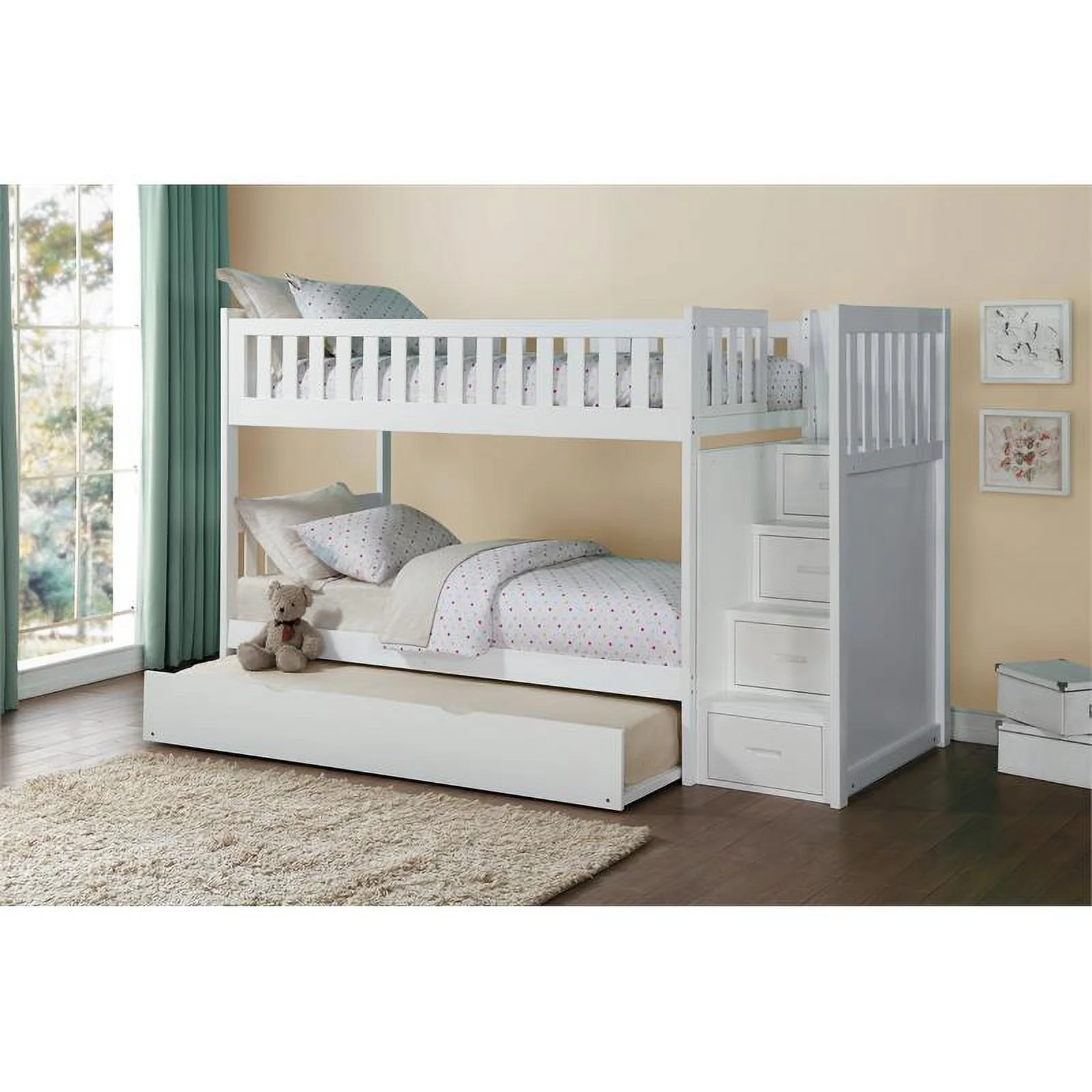Lexicon Galen Reversible Step Storage Wood Bunk Bed with Trundle Bed in White