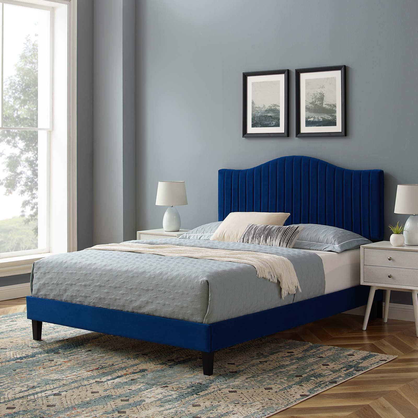 Tufted Platform Bed Frame, Full Size, Velvet, Blue Navy, Modern Contemporary Urban Design, Bedroom Master Guest Suite