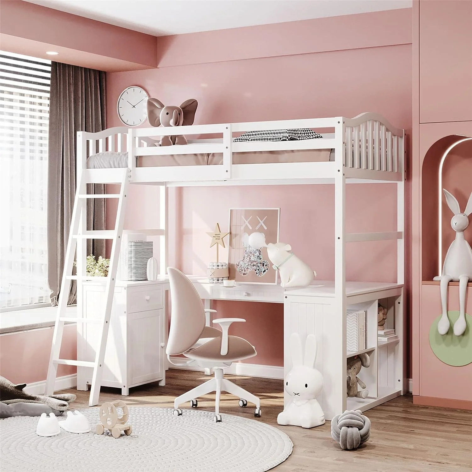 Loft Bed With Desk, With Drawer And Cabinet, Wood For Kids With Bookcase Shelves For Dorm, Boys & Girls Teens Adults, White
