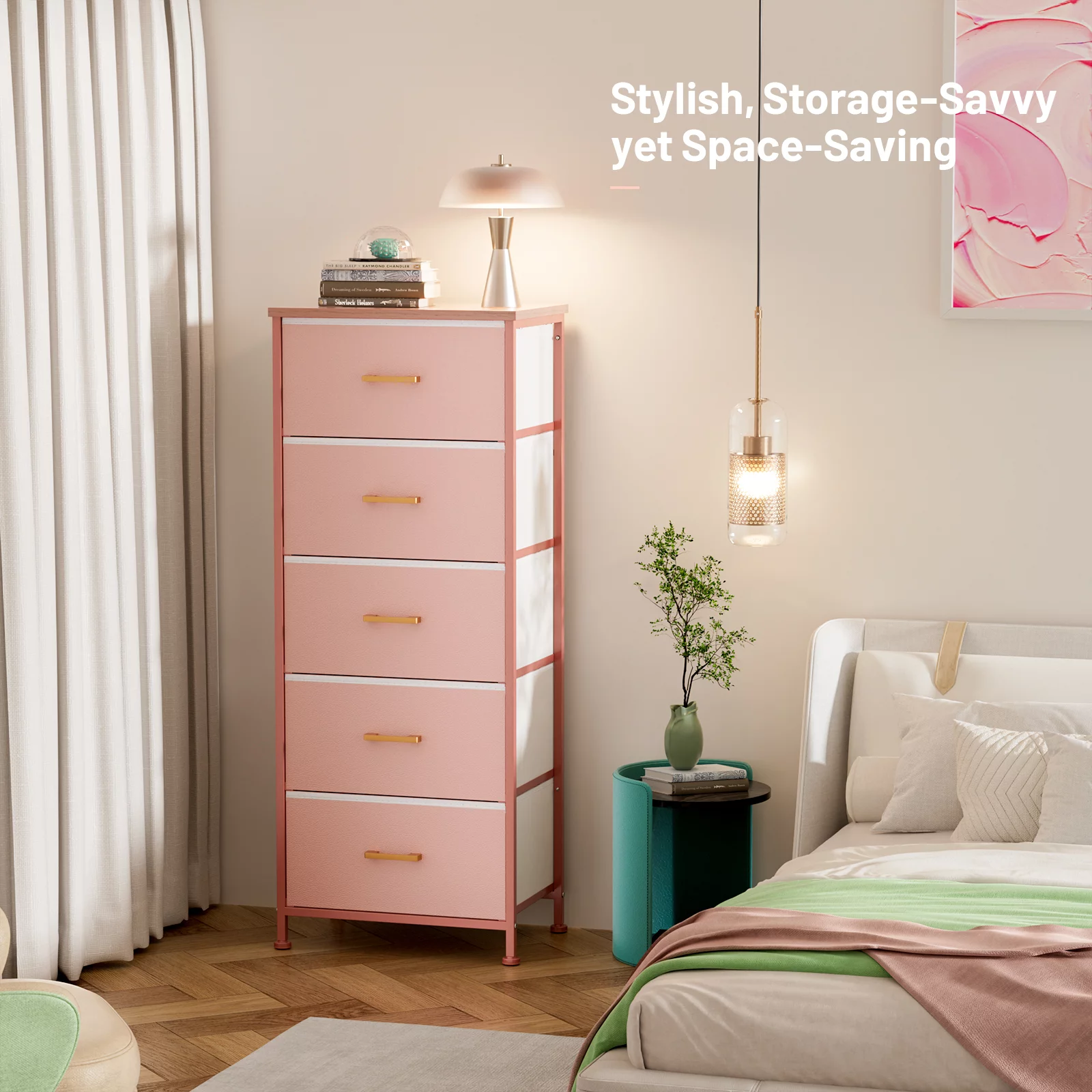 YILQQPER 5 Drawer Dresser for Bedroom Fabric Dressers with Steel Frame Wooden Top Chest of Drawers Closets Storage Pink