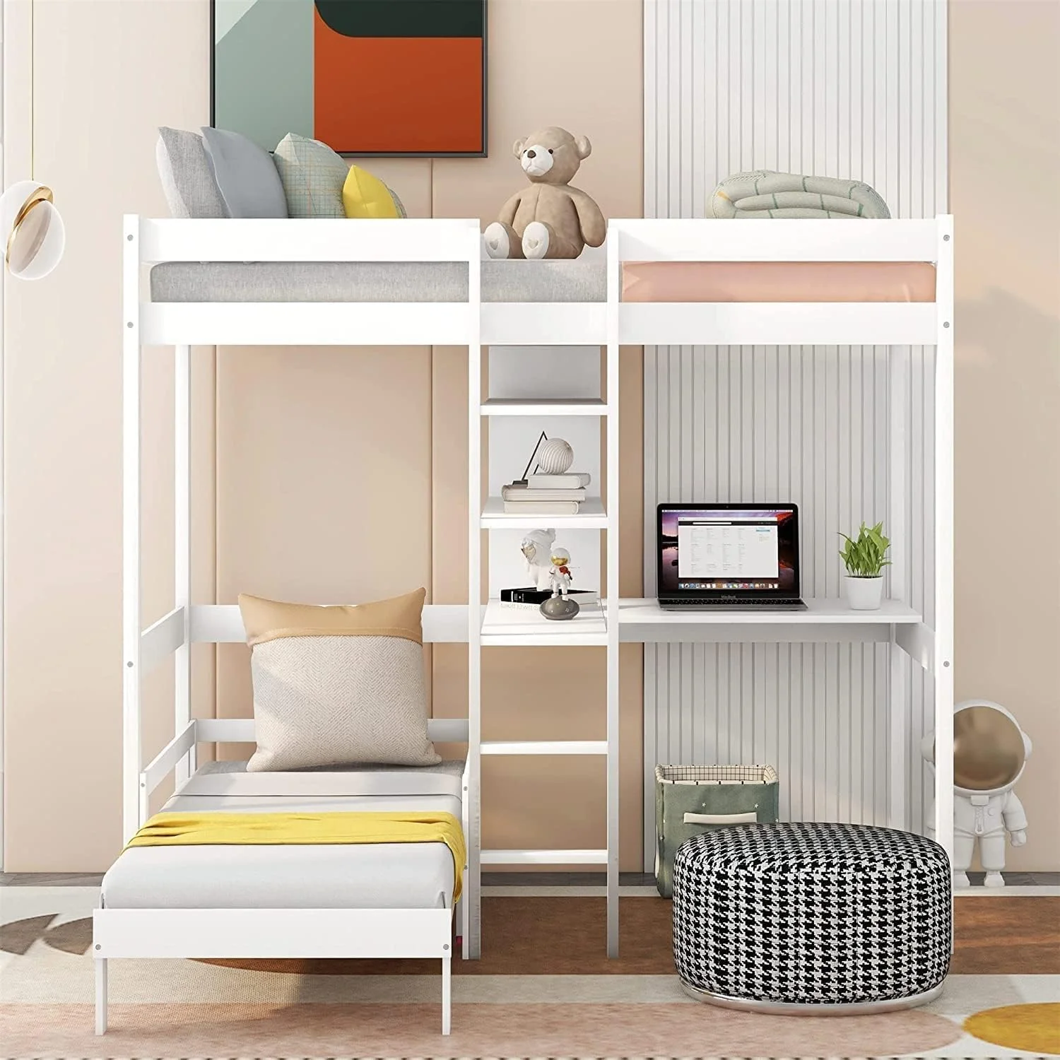 Loft Bed With Desk,Woode Buk Bed With Desk Ad Bookshelf,Covertible Loft Bed For Kids Girls Boys Tees Bedroom, o Box Sprig eeded, White