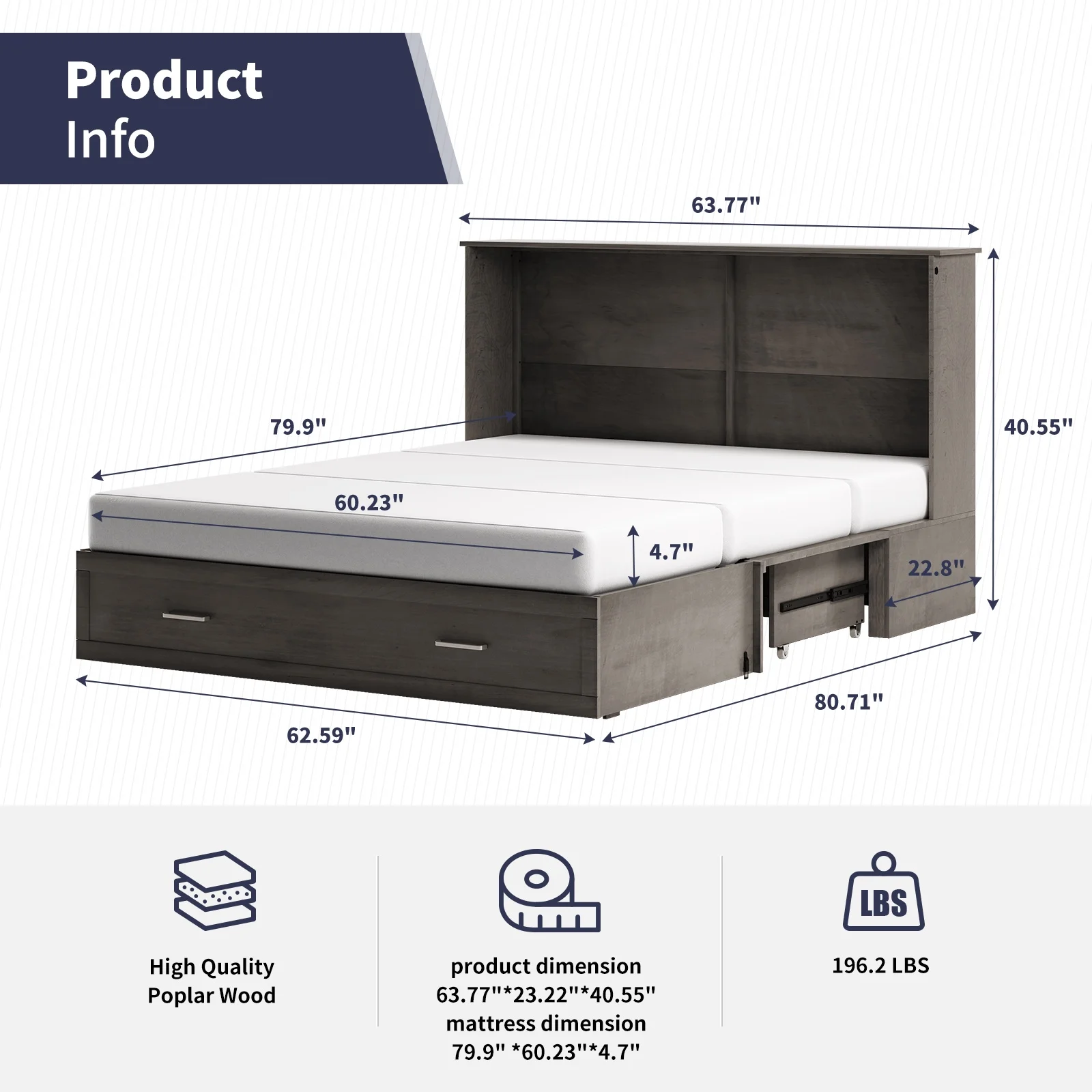 ZAFLY Murphy Cube Cabinet Bed with USB Charging Station, Murphy Bed Cabinet with Large Drawer & Folding Mattress, Queen Size Bed Frame for Guest Room/Living Room/Bedroom - Grey