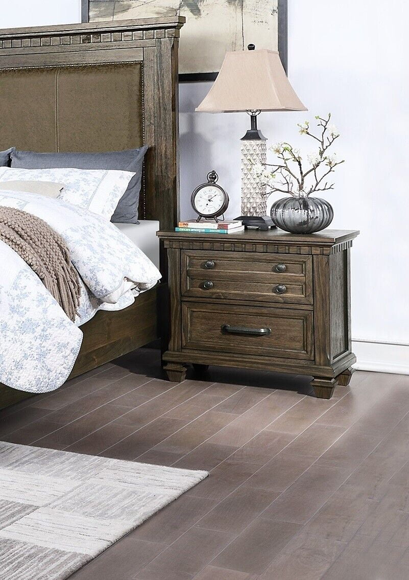 Antique Brown Finish Contemporary Queen Size Bed Dresser Mirror Nightstands 4pc Bedroom Furniture Upholstered Headboard