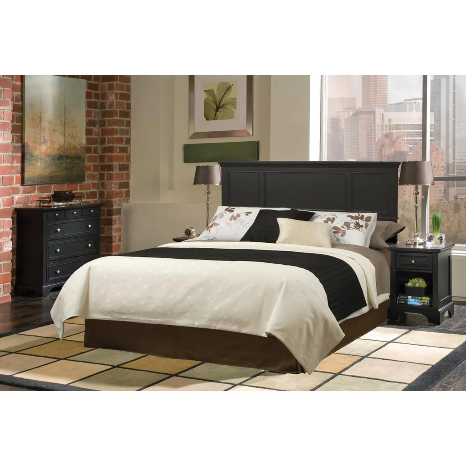 Homestock Renaissance RefinementBlack Wood Queen Headboard, Nightstand And Chest