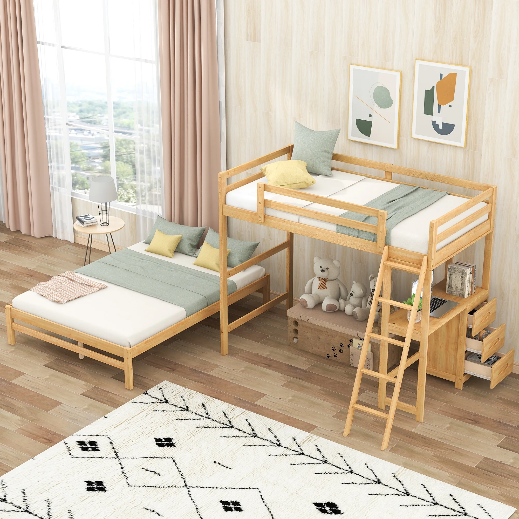 Nestfair Natural Twin over Full Bunk Bed with Built-in Desk and 3 Drawers