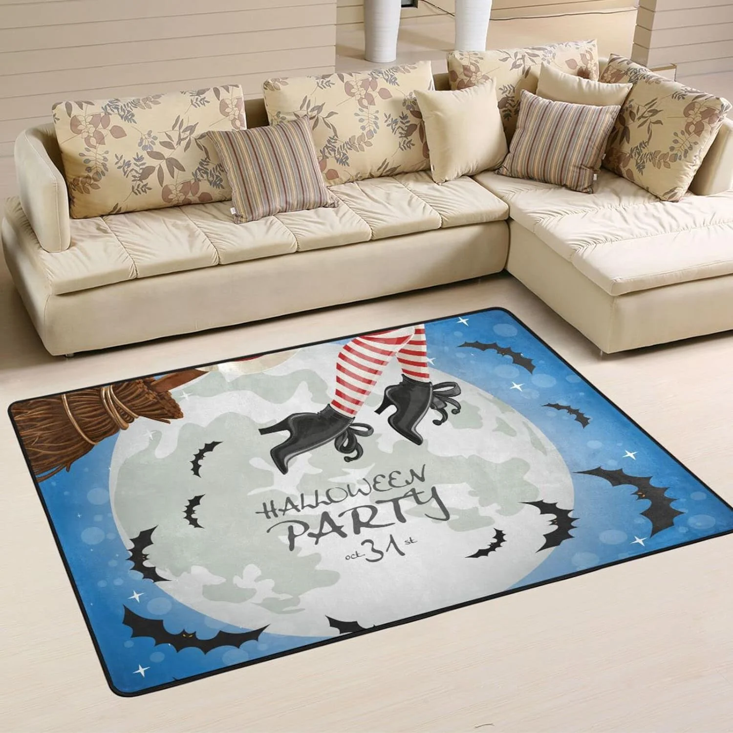 SKYSONIC 72×48in Halloween Witch Feet Area Rug, Bat Full Moon Non-Slip Floor Carpet Comfort Floor Mats Decor for Indoor Living Dining Room and Bedroom Area