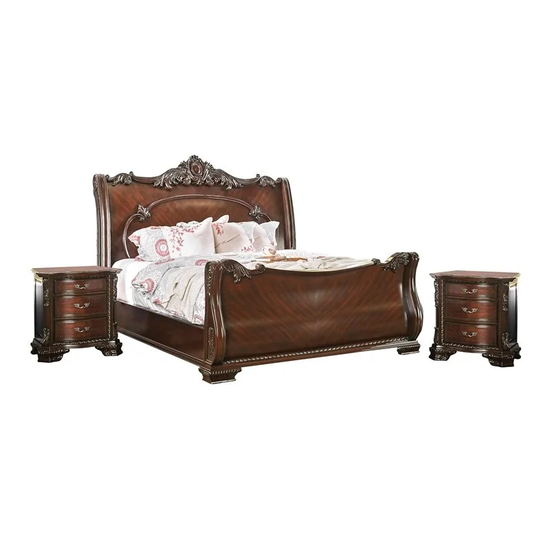 FOA Angelonia 3pc Brown Cherry Solid Wood Bedroom Set - Queen + 2 Nightstands