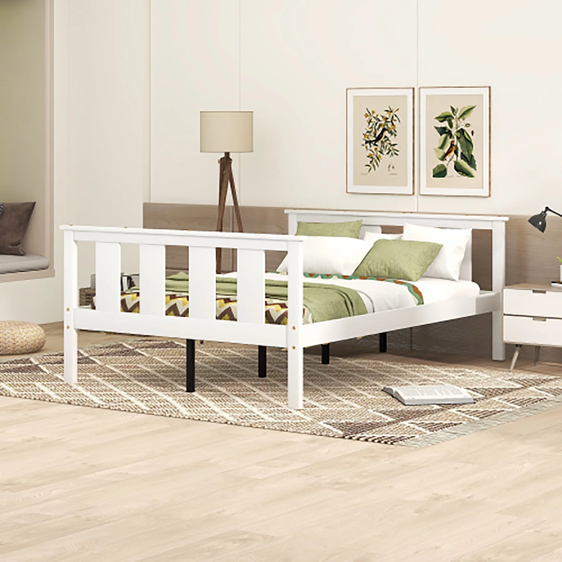 Wood Platform Bed Full Size Bed Frame with Headboard and Footboard, White