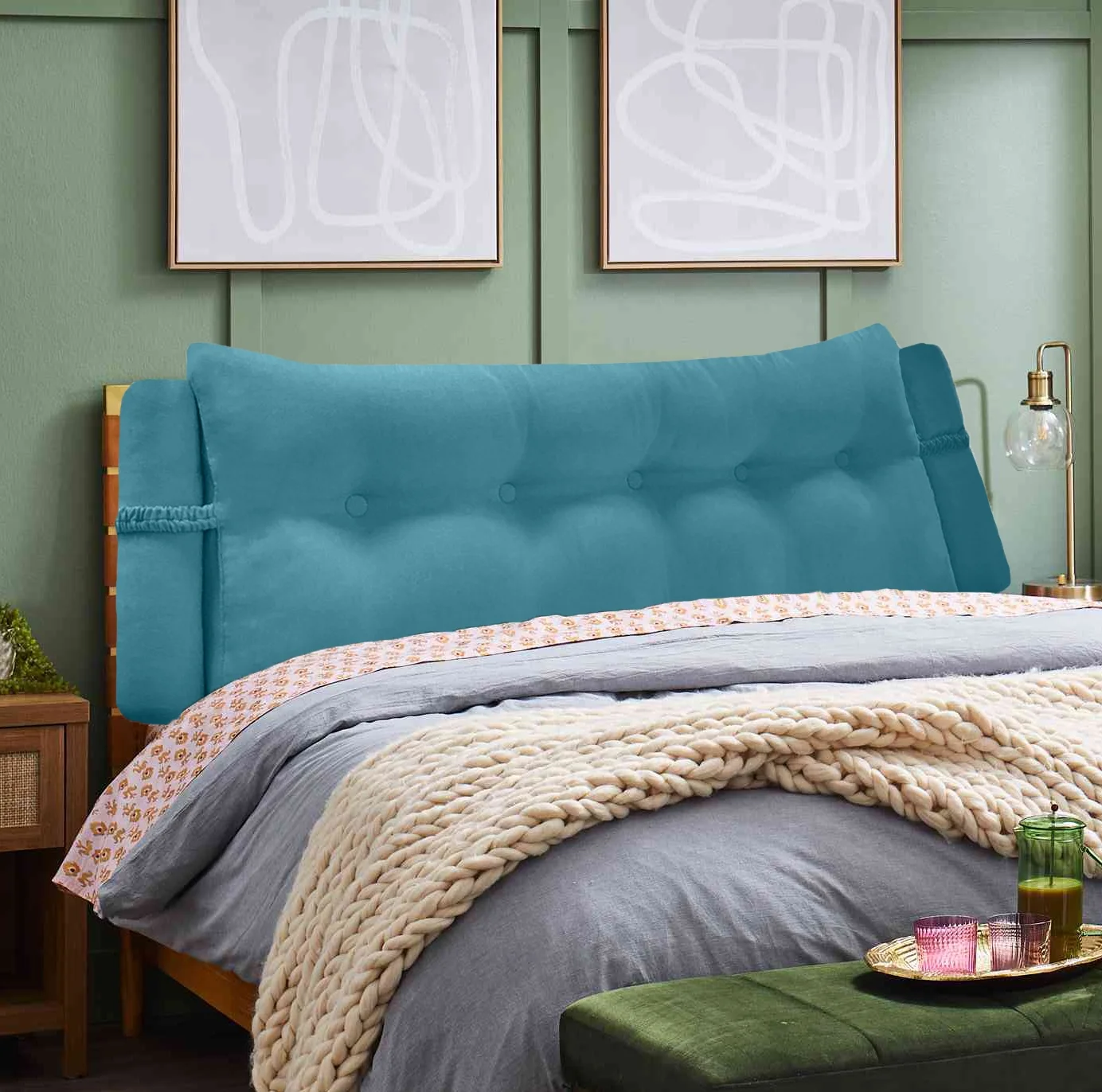 Peachwell Triangular Reading Bed Rest Pillow Large Bolster Cushion Headboard Backrest Wedge Pillow with Two Detachable Roll Pillows for Neck & Lumbar Support (Teal Blue, King: 77 x 8 x20 inches)