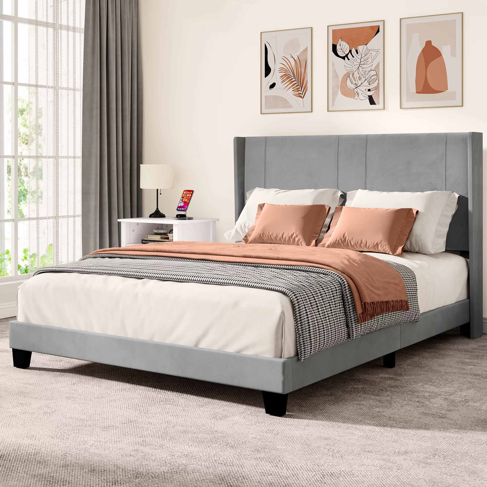 Dextrus Upholstered Wingback Platform Bed with Gray Velvet Headboard,  No Box Spring Needed, Queen