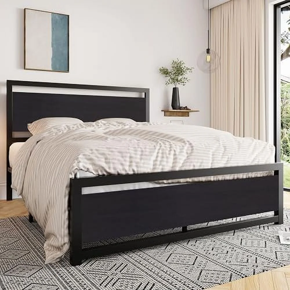 RUNFAYBIU Full Bed Frame with Headboard  Heavy Duty Metal Platform Bed Frame with Strong Support  Under Bed   Stable Mattress Foundation  No Box Spring Needed  Black