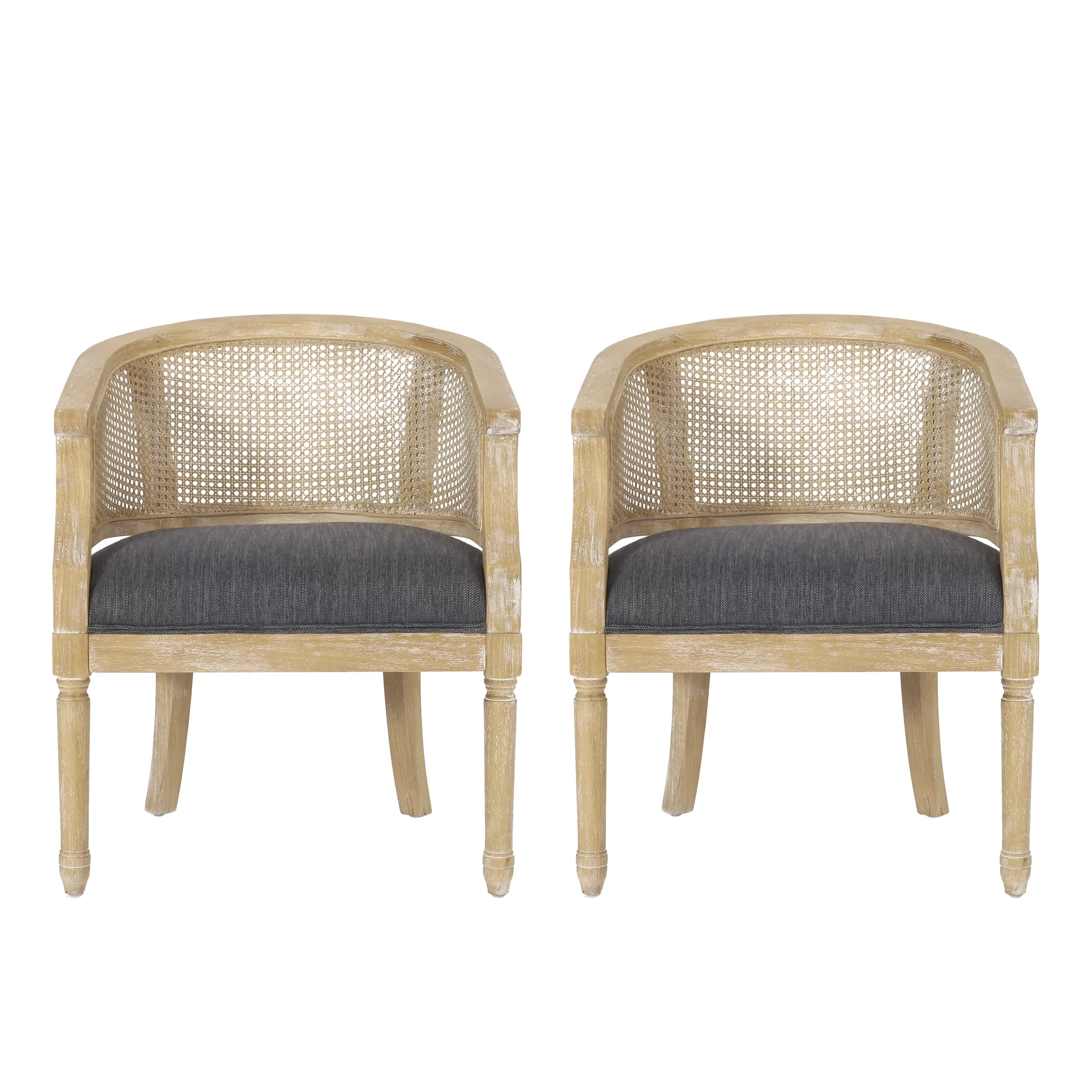Noble House Silkie Wood and Cane Club Chair, Set of 2, Charcoal