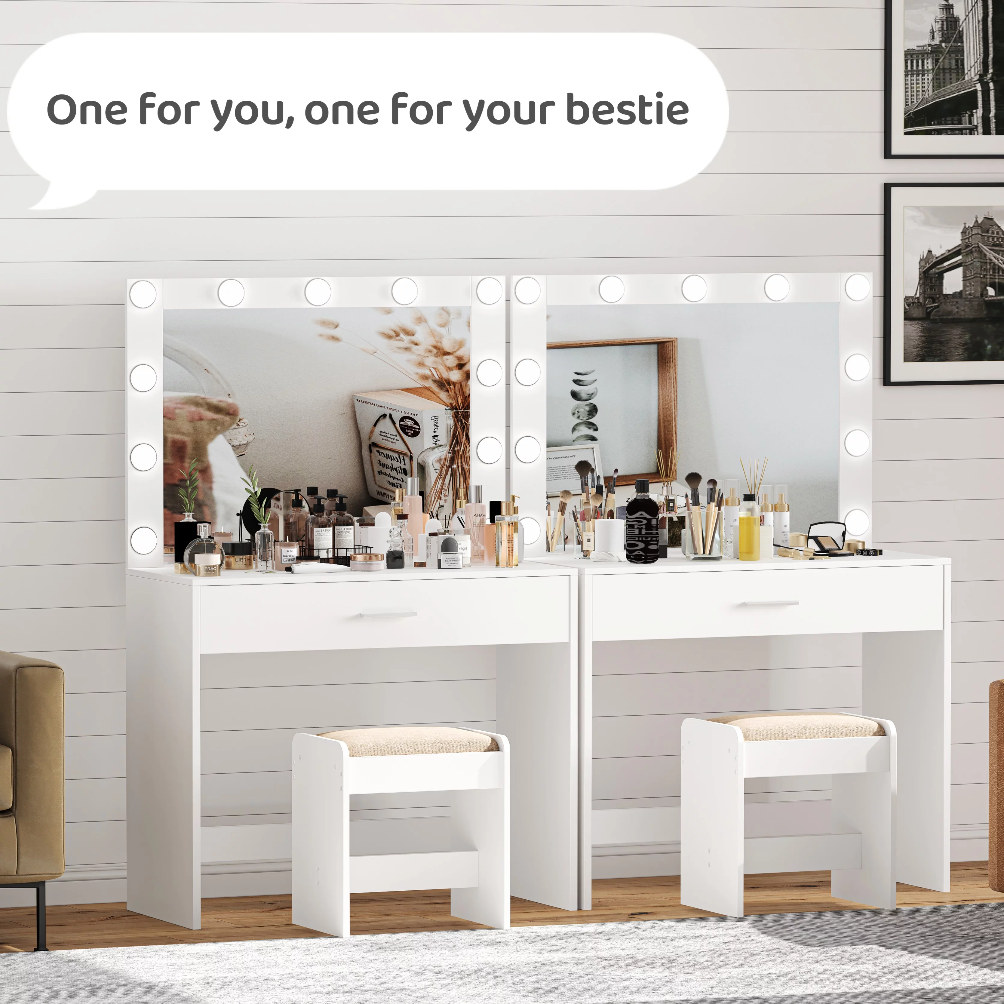 Rovaurx Modern Makeup Vanity Table/Desk with Lighted Mirror and Drawer, Bedroom Dressing Desk, White