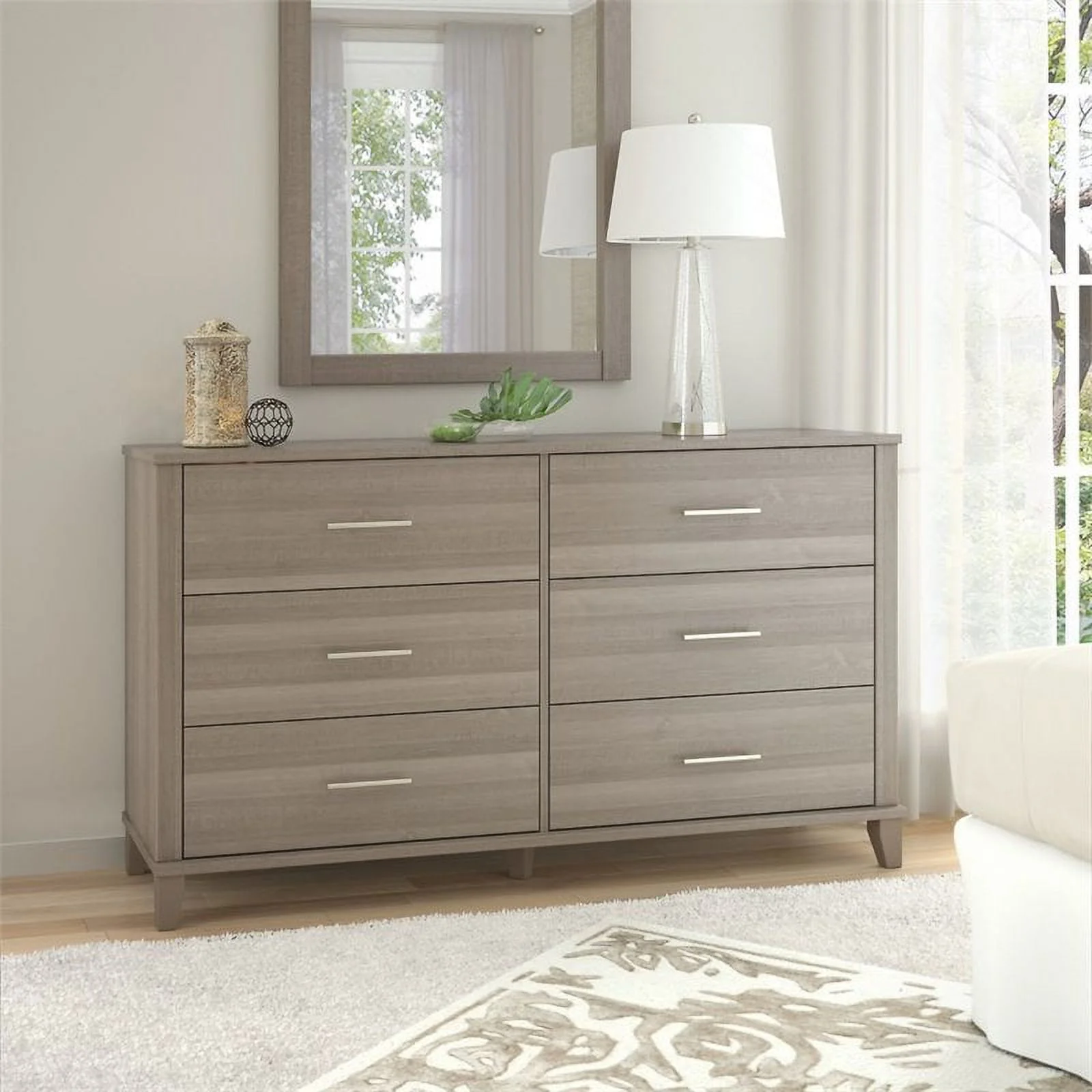 Pemberly Row 6 Drawer Double Dresser in Ash Gray