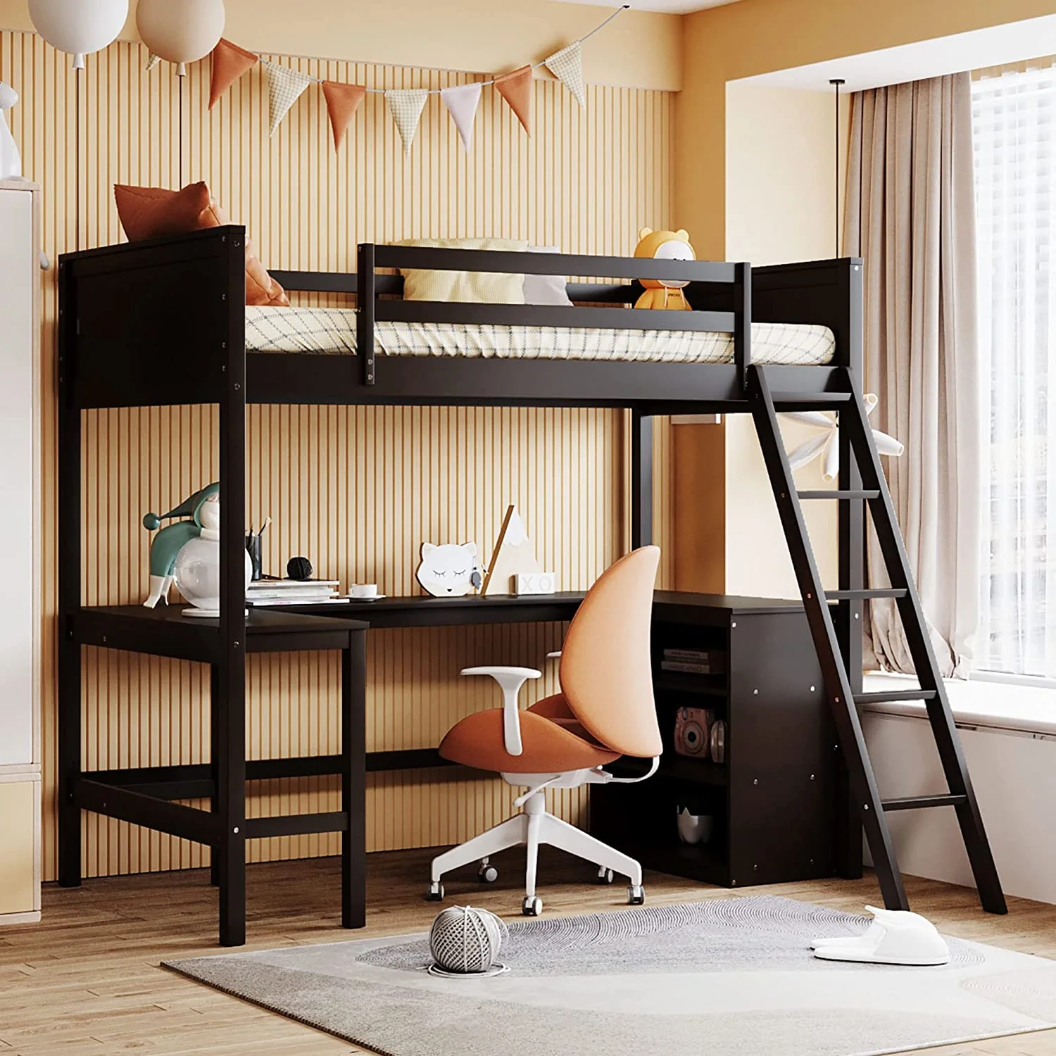 Twin Loft Bed with Desk and Shelves, Wood Loft Bed Frame with Storage Drawers, for Kids Teens Adults - Espresso