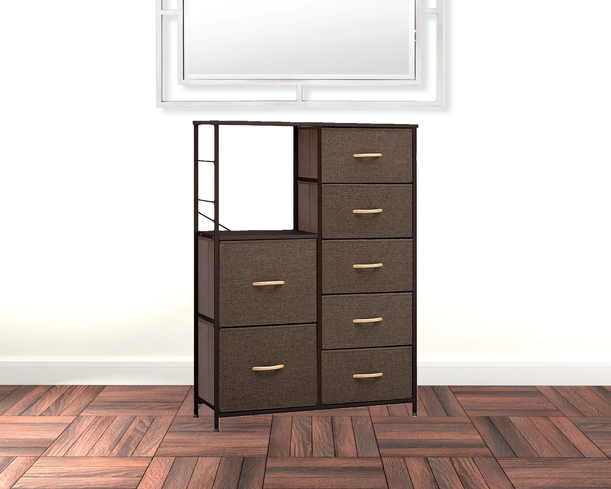 HomeRoots 484692 34 in. Brown Steel & Fabric Seven Drawer Chest