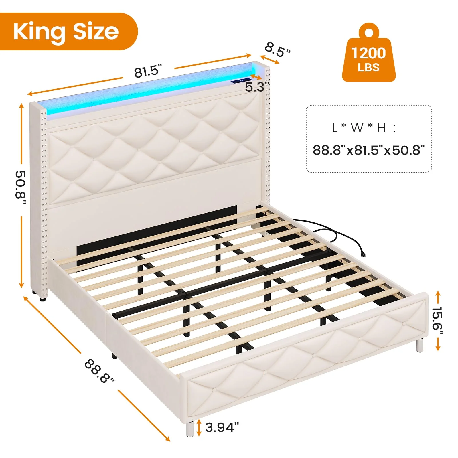 King Size Bed Frame with Headboard,Upholstered Platform Bed Frame with Led Light and Charging Station,Velvet Tufted Wingback,Beige