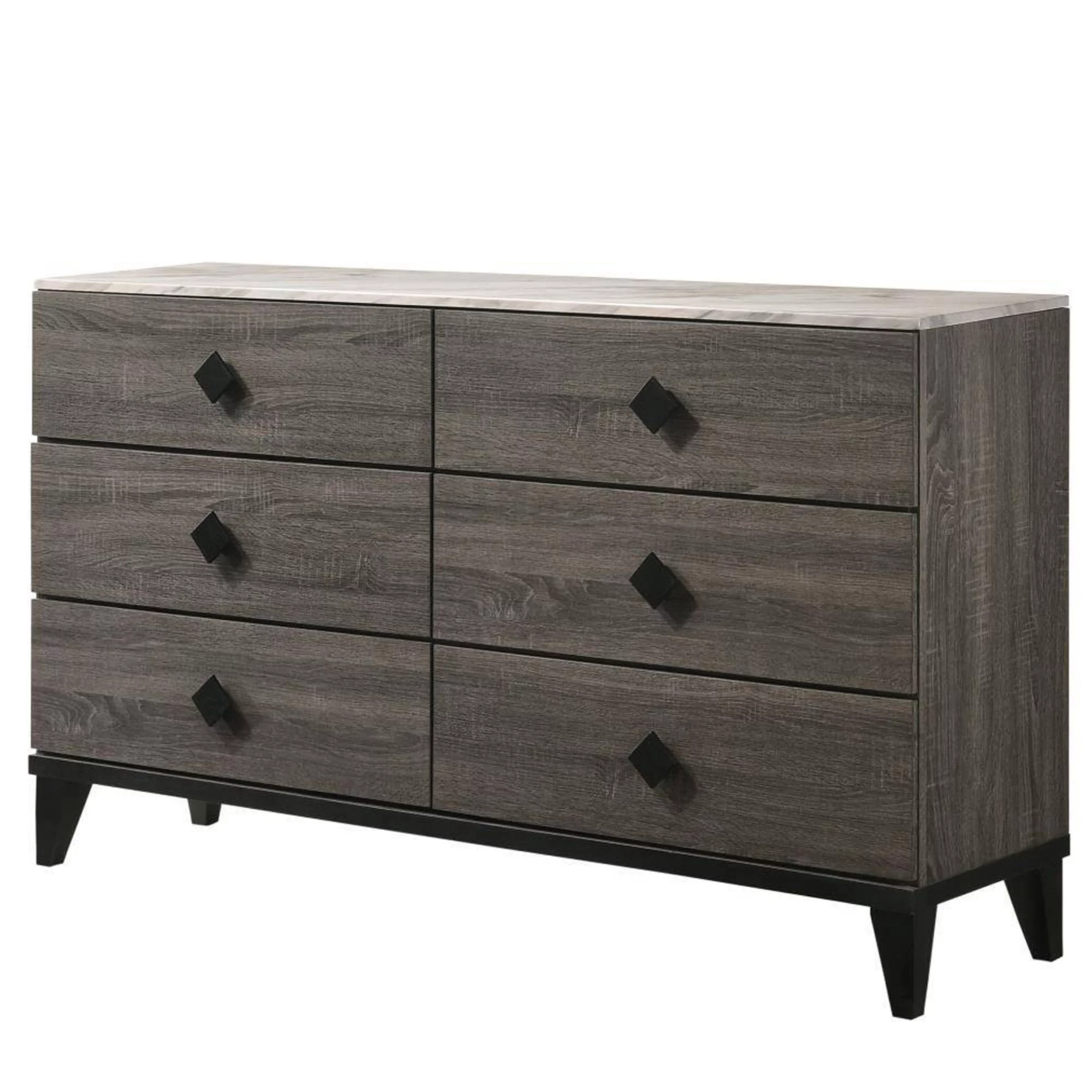 6 Drawer Wooden Dresser with Grains and Angled Legs, Gray